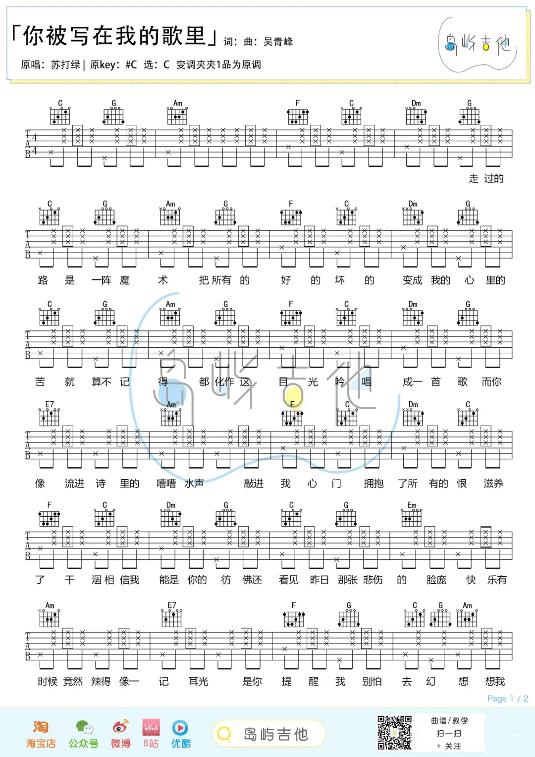 你被写在我的歌里吉他谱预览图