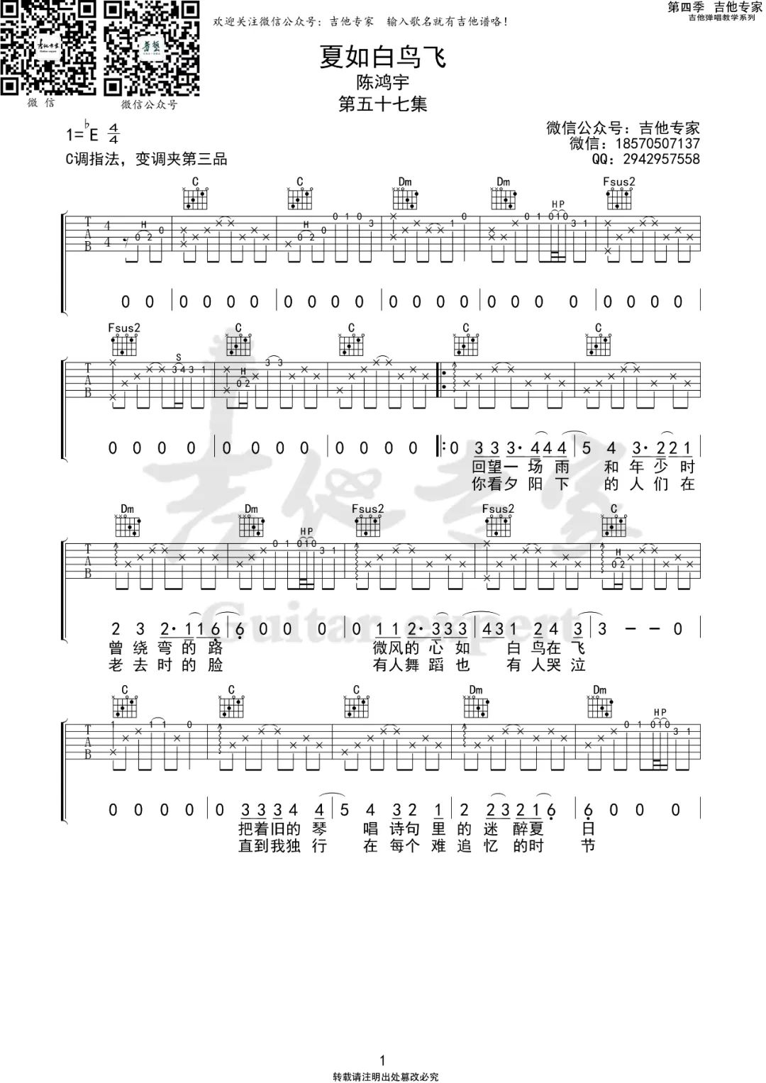 夏如白鸟飞吉他谱预览图