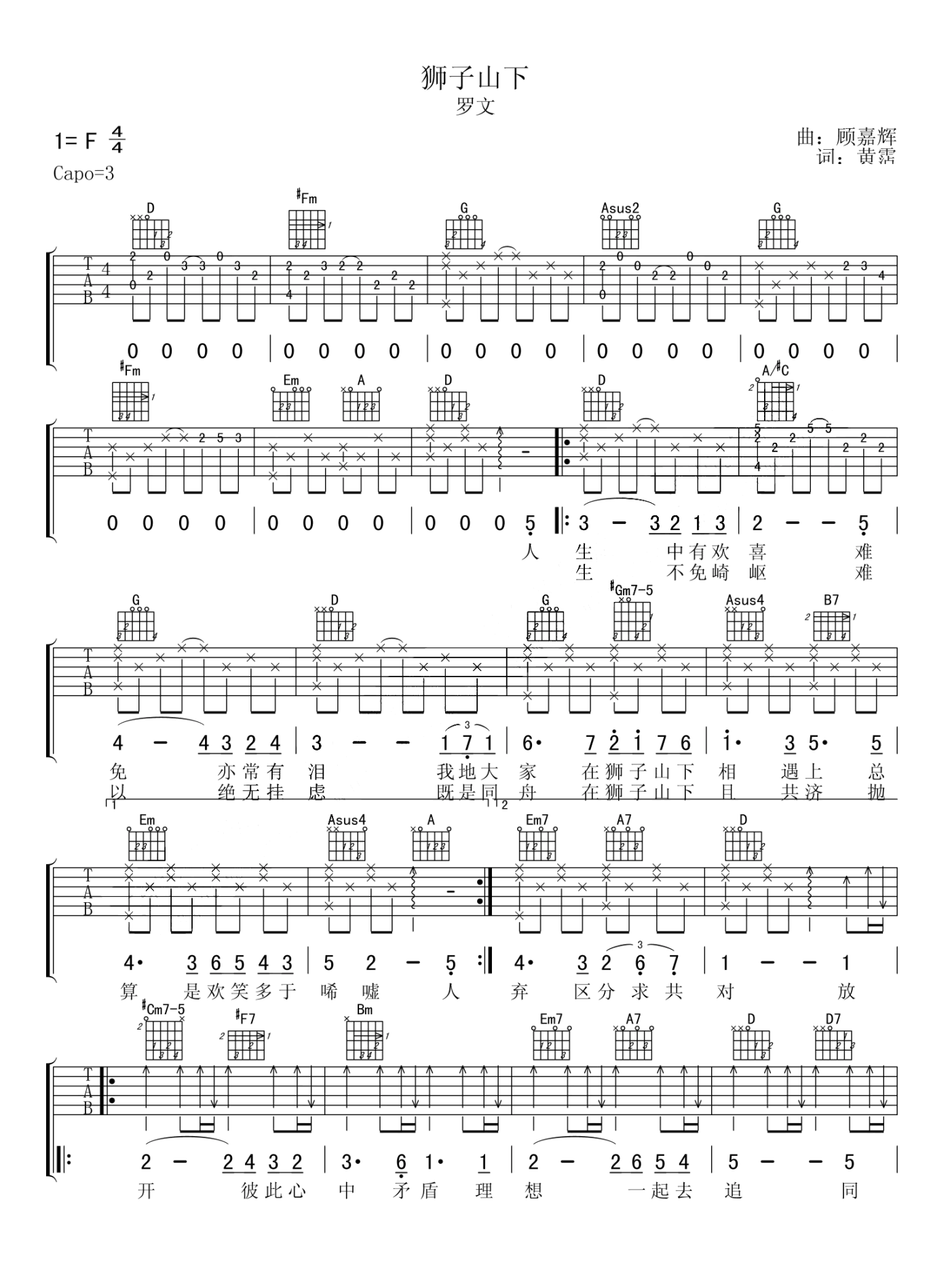 狮子山下吉他谱预览图