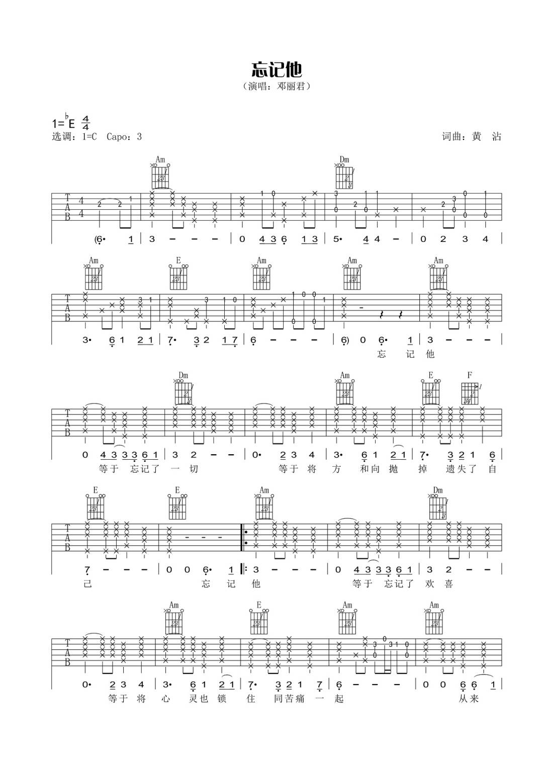 忘记他吉他谱预览图