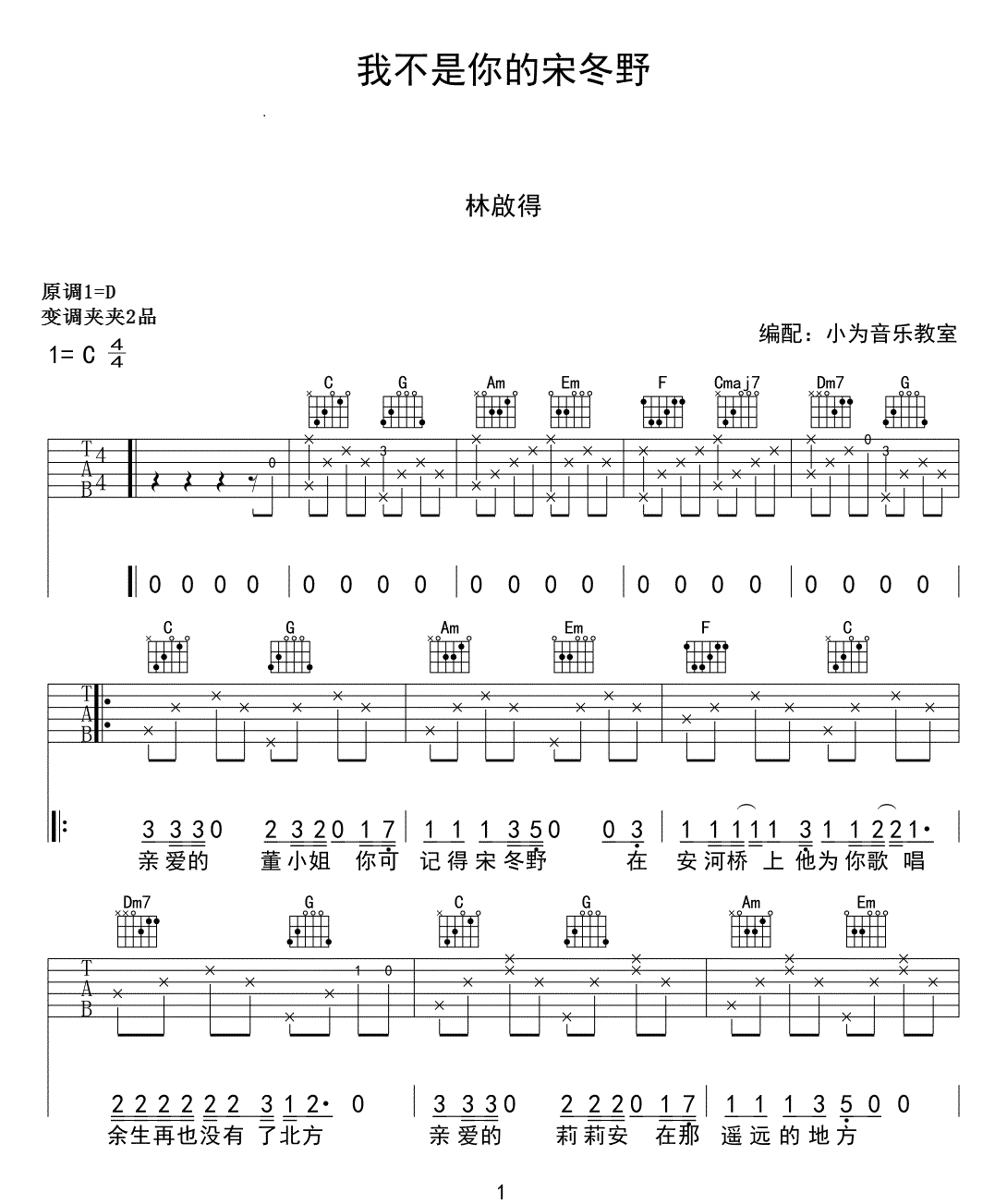 我不是你的宋冬野吉他谱预览图