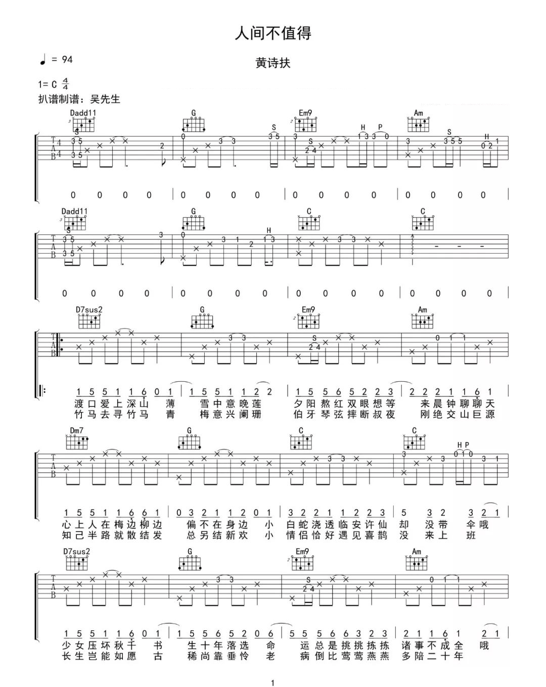 人间不值得吉他谱预览图