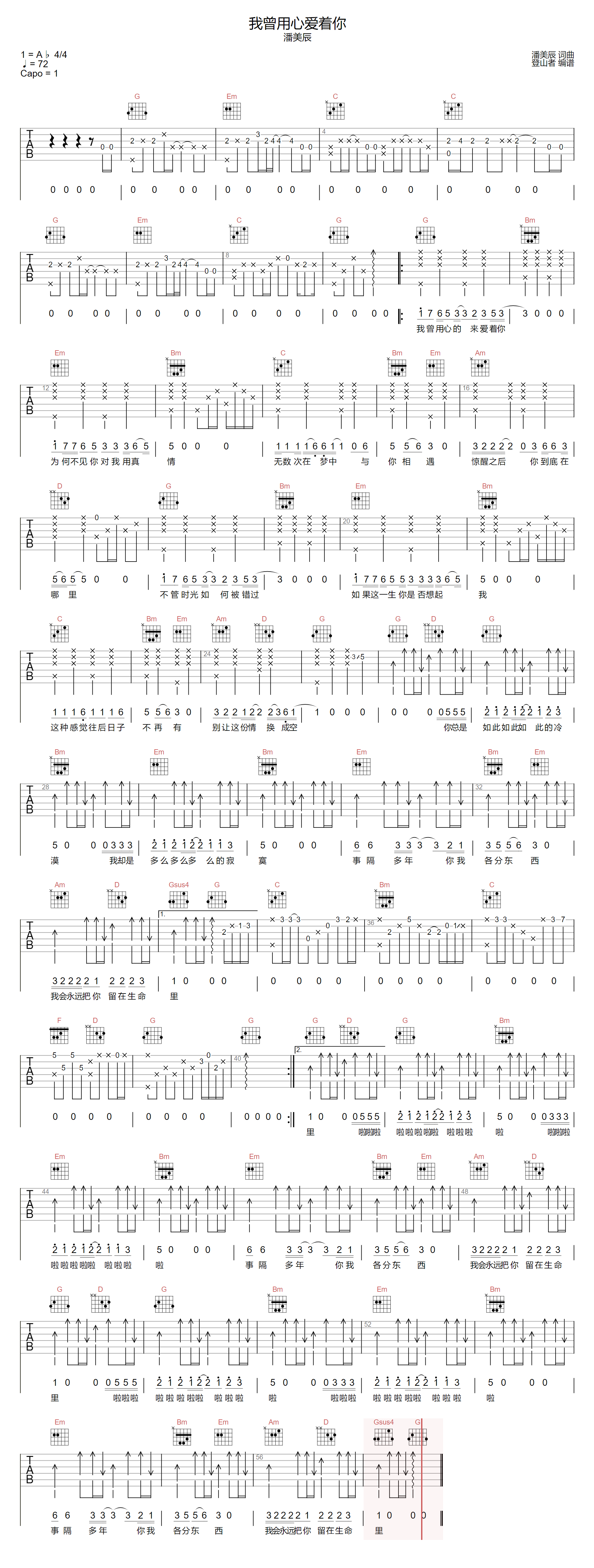 我曾用心爱着你吉他谱预览图