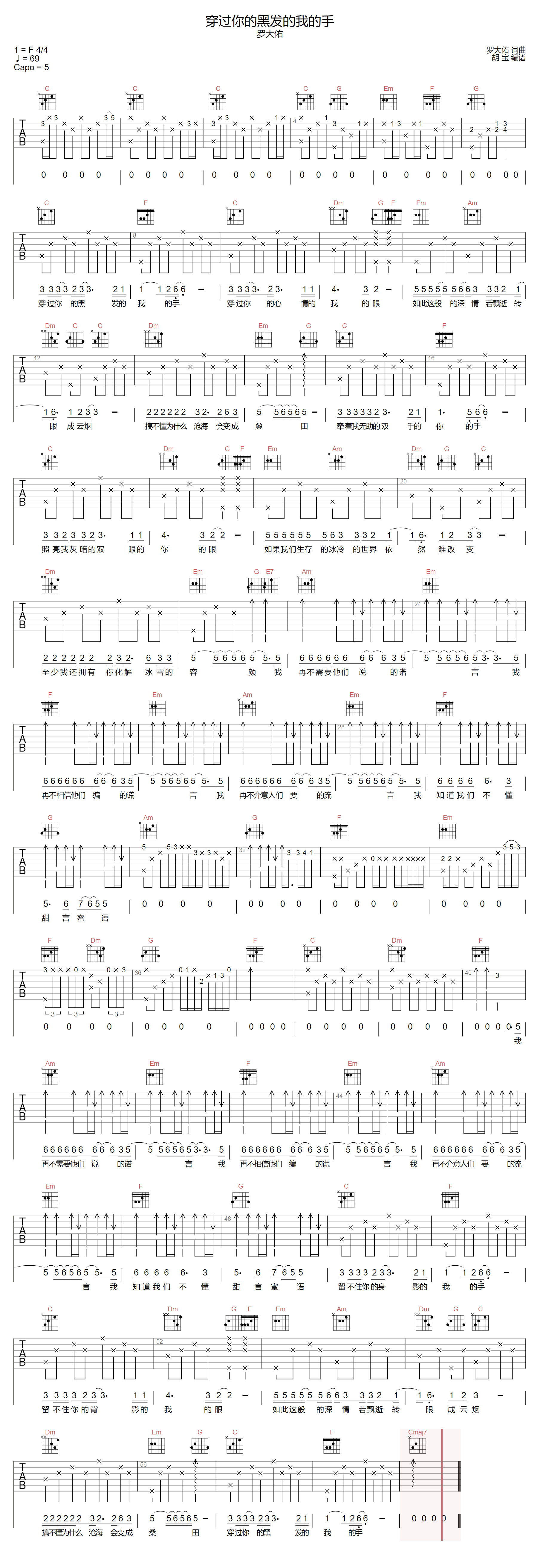 穿过你的黑发的我的手吉他谱预览图