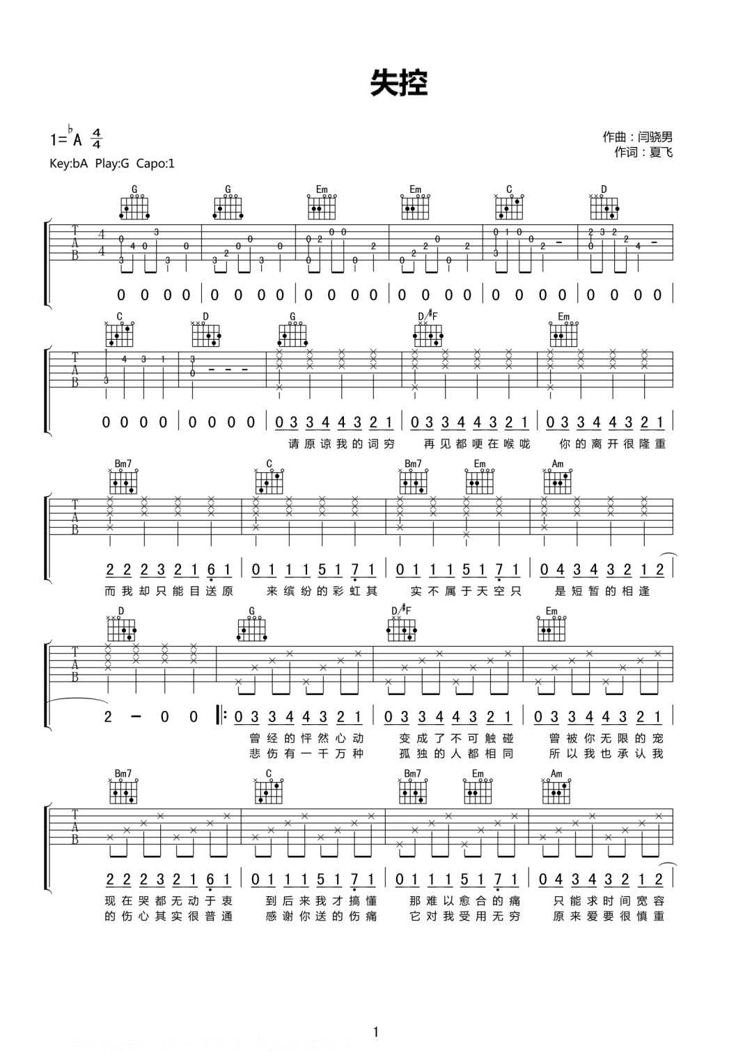 失控吉他谱预览图