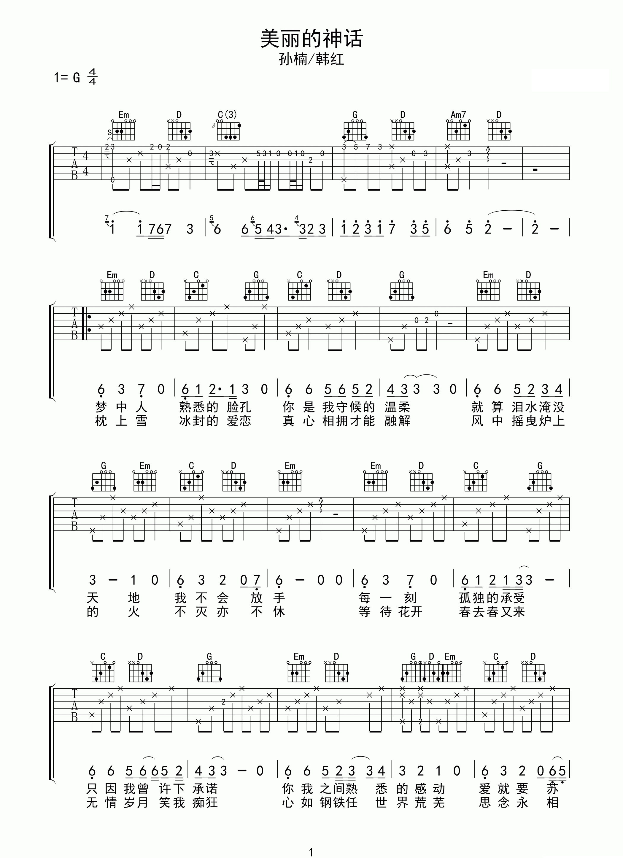 美丽的神话吉他谱预览图