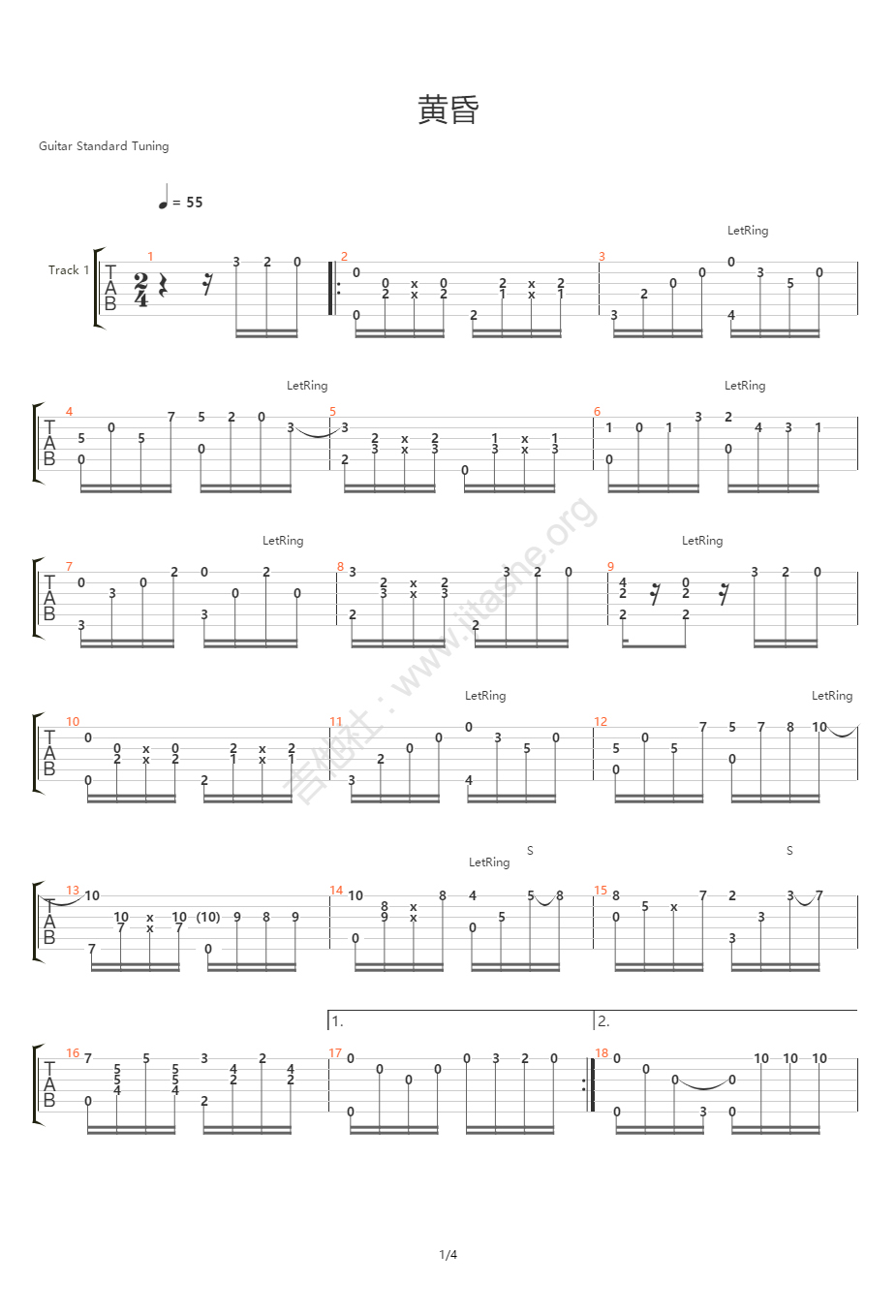 黄昏指弹吉他谱预览图