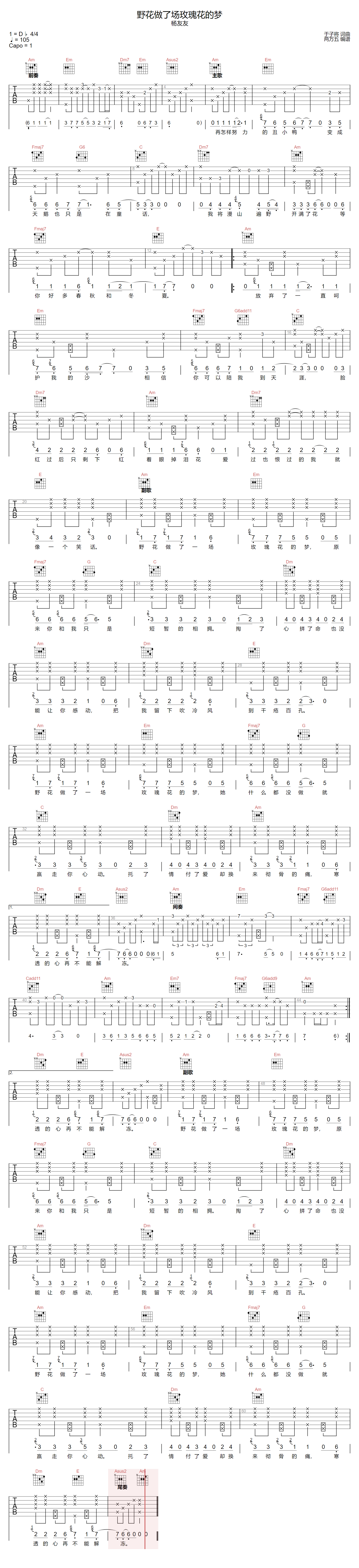野花做了场玫瑰花的梦吉他谱预览图