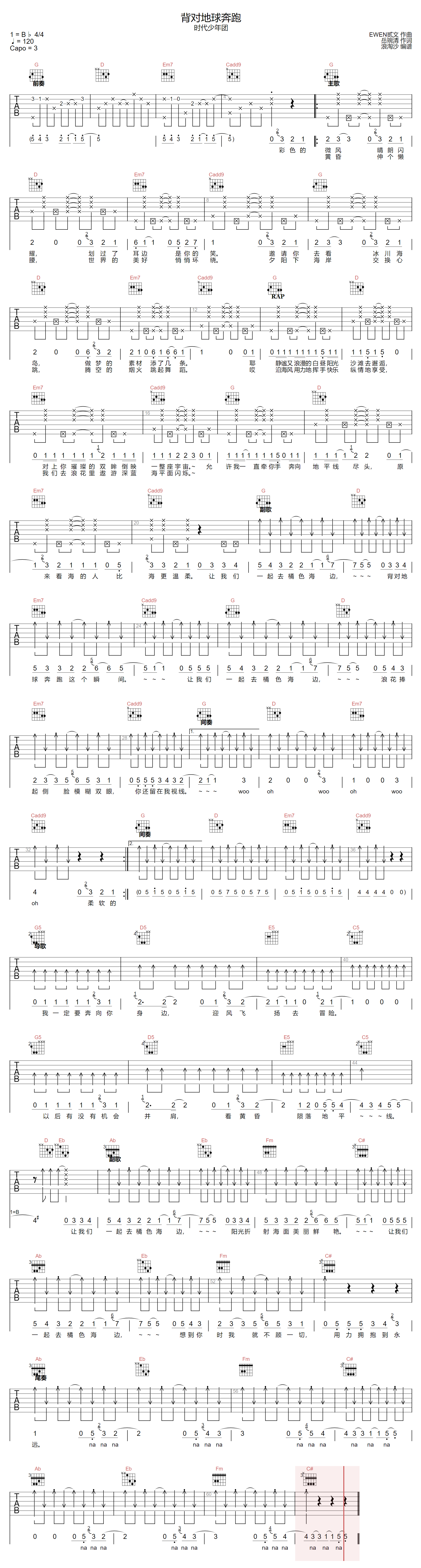 背对地球奔跑吉他谱预览图