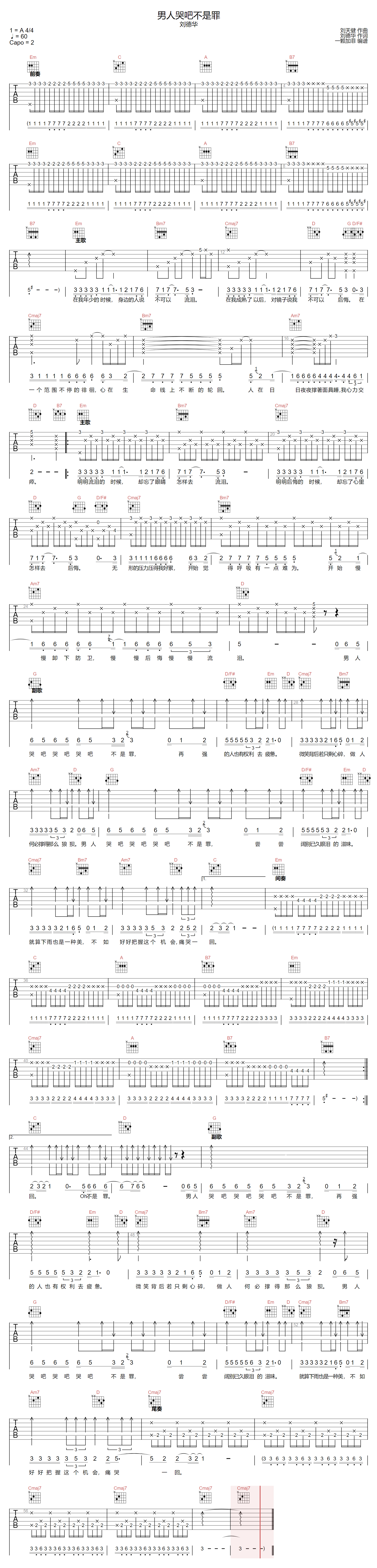 男人哭吧不是罪吉他谱预览图