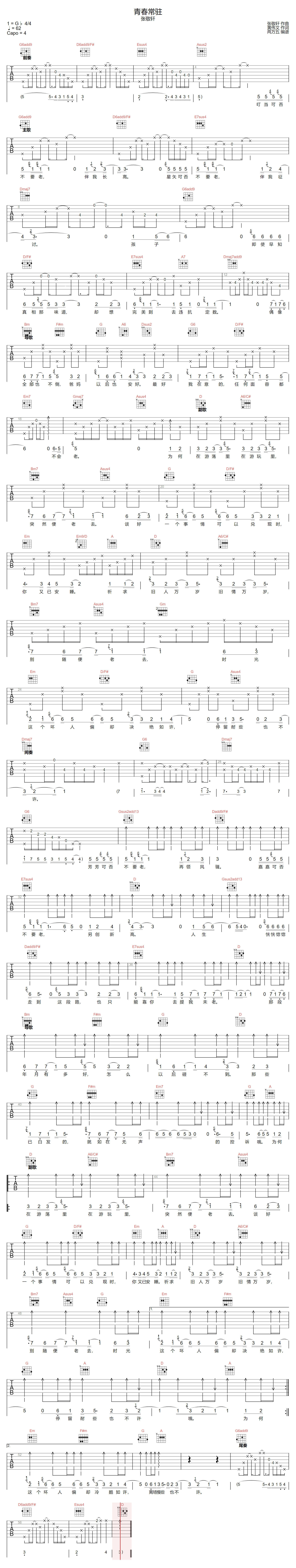 青春常驻吉他谱预览图