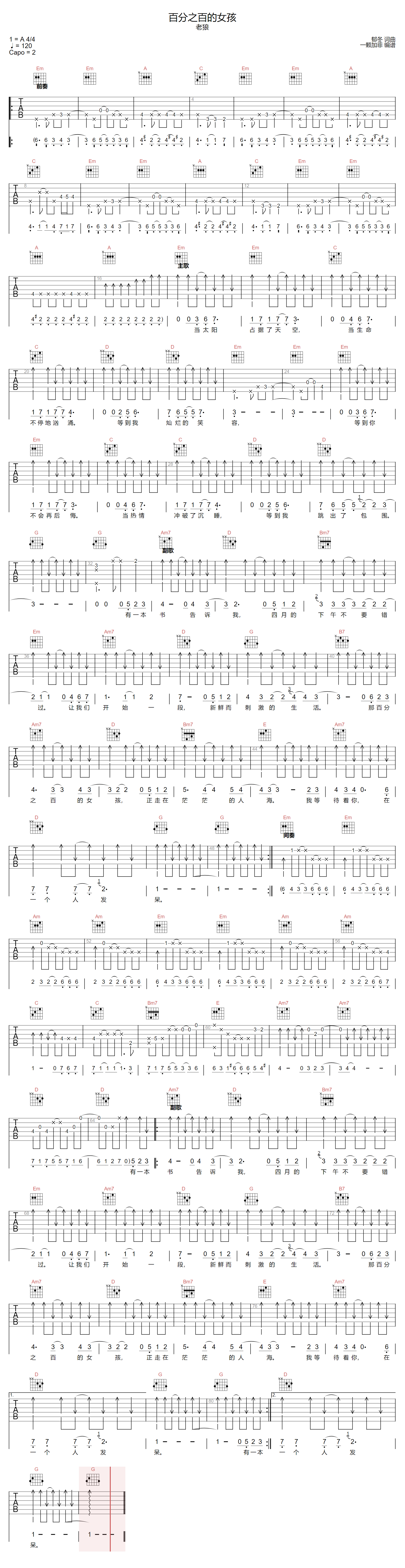 百分之百的女孩吉他谱预览图