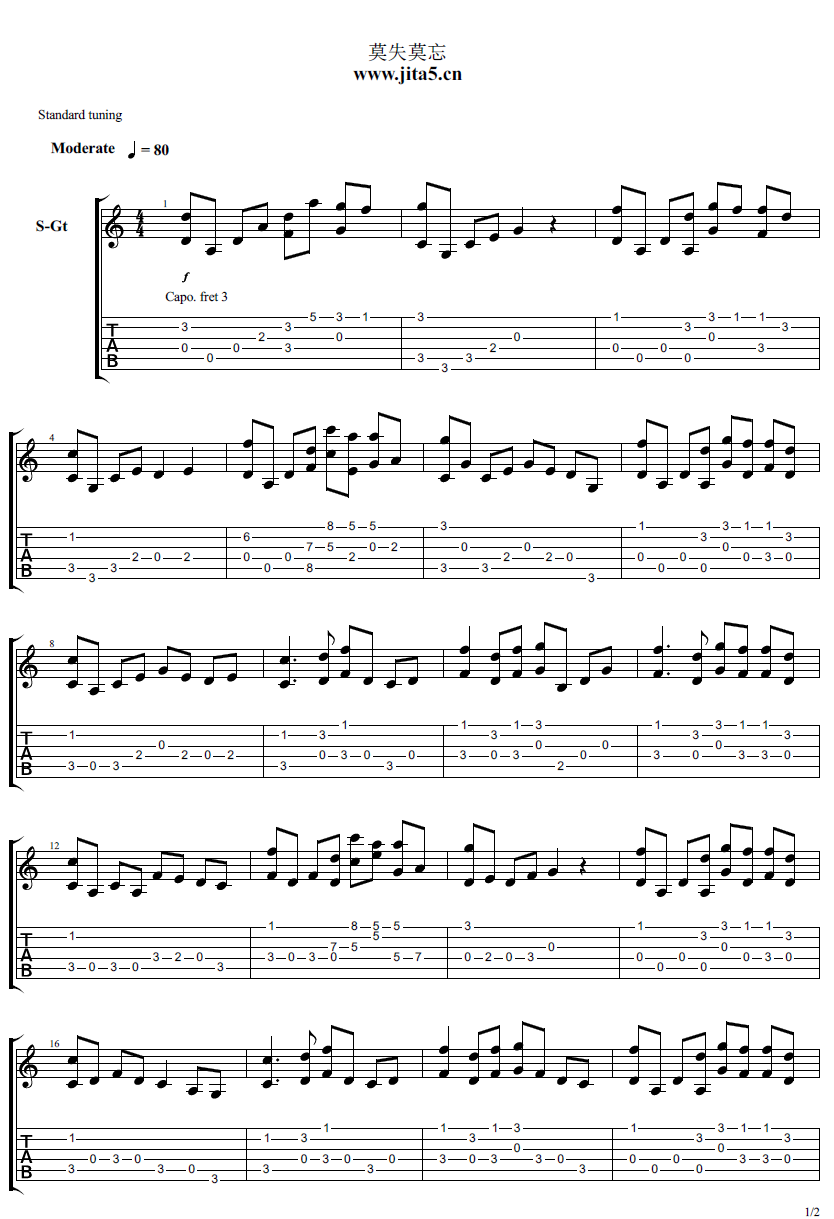 莫失莫忘指弹吉他谱预览图