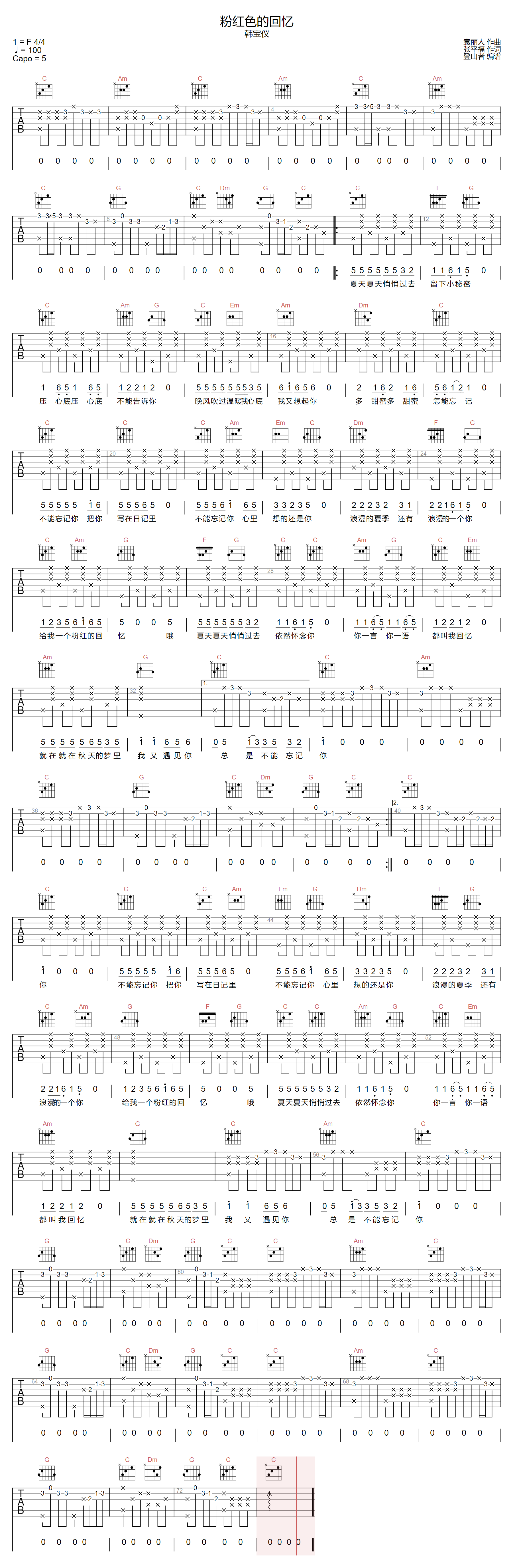 粉红色的回忆吉他谱预览图