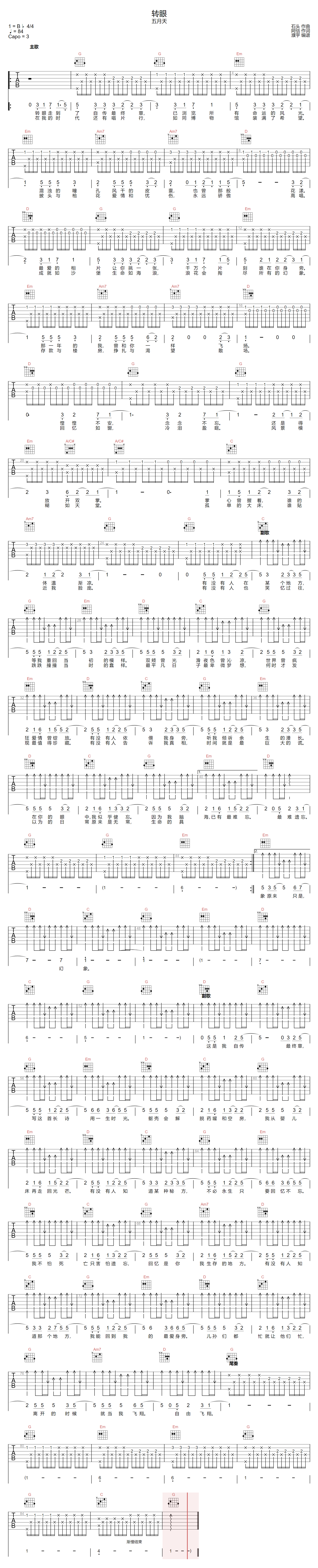 转眼吉他谱预览图