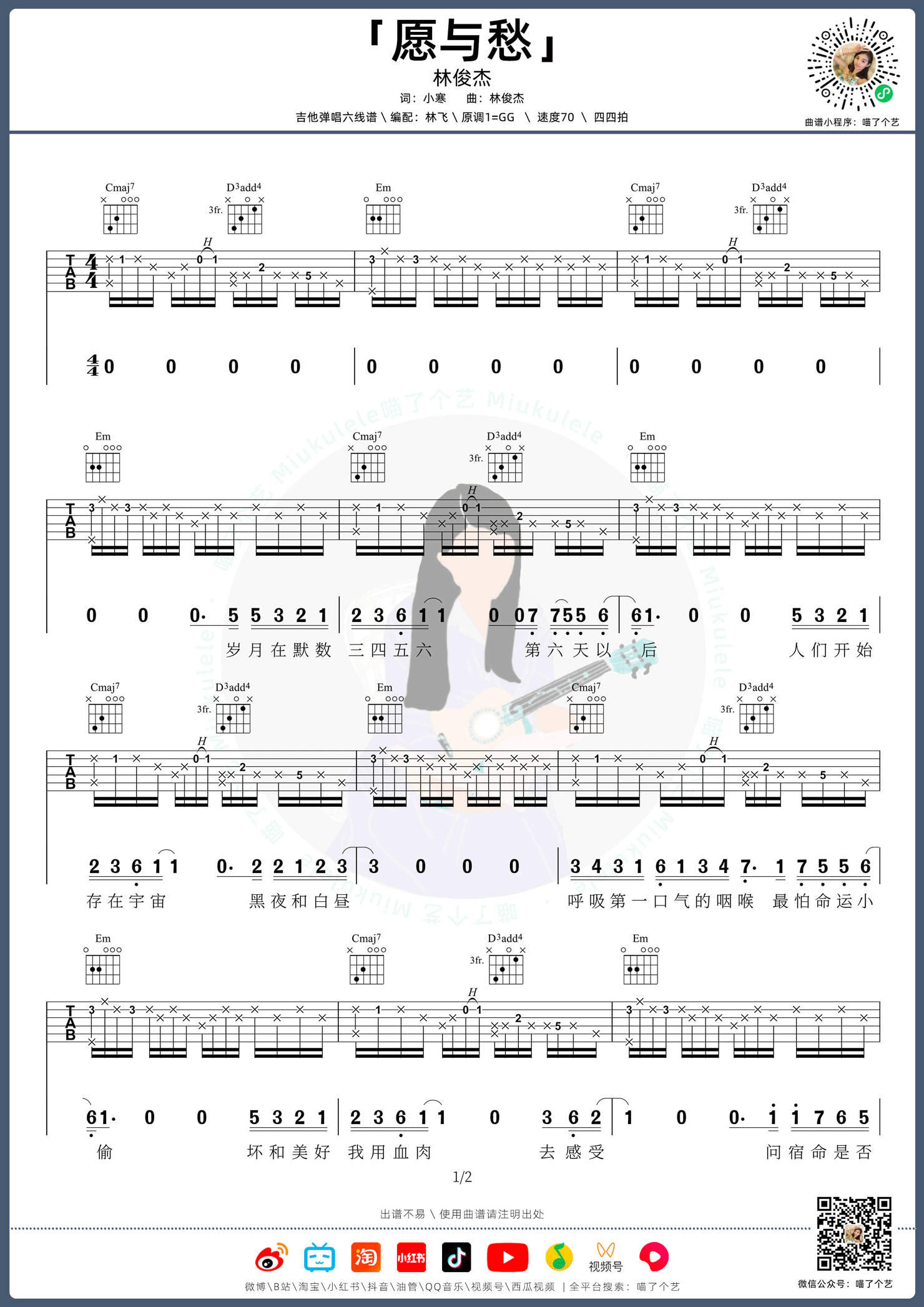 愿与愁吉他谱预览图