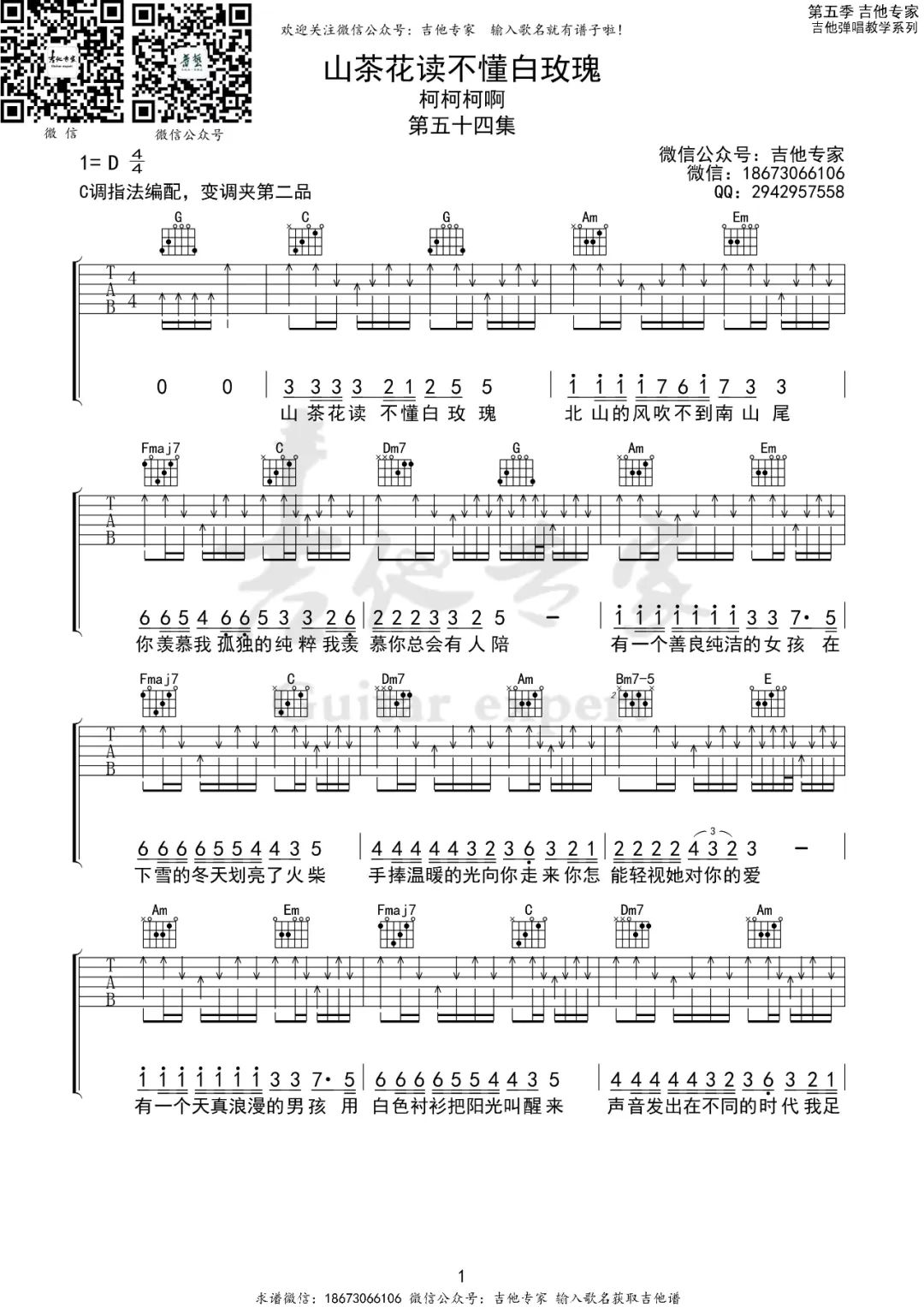 山茶花读不懂白玫瑰吉他谱预览图