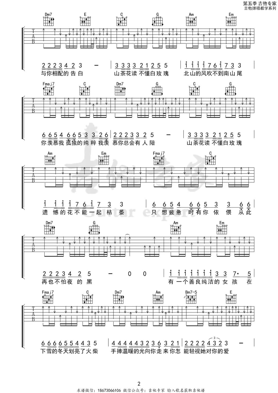 山茶花读不懂白玫瑰吉他谱预览图