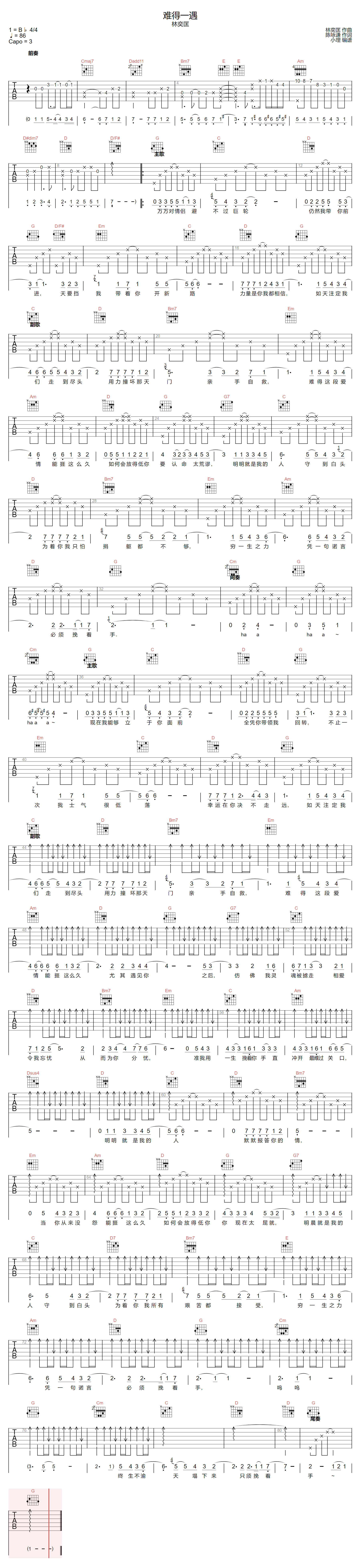 难得一遇吉他谱预览图