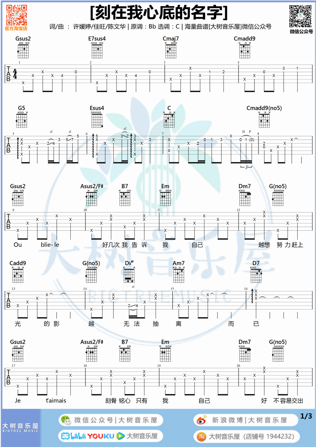 刻在我心底的名字吉他谱预览图