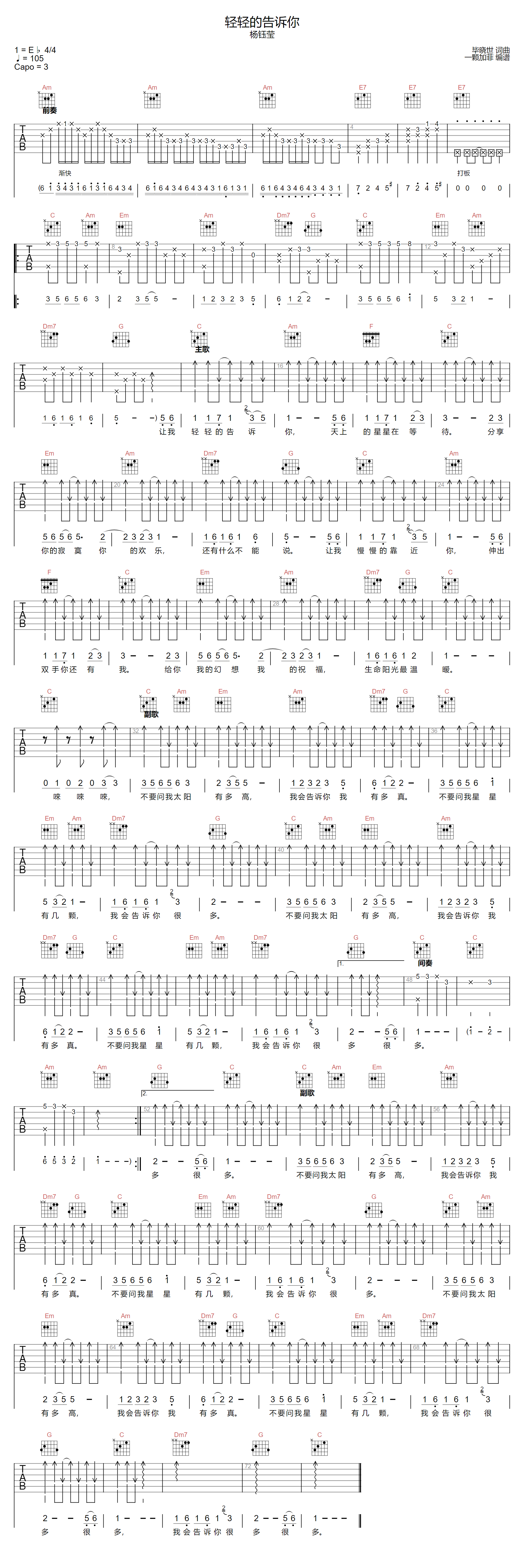 轻轻的告诉你吉他谱预览图
