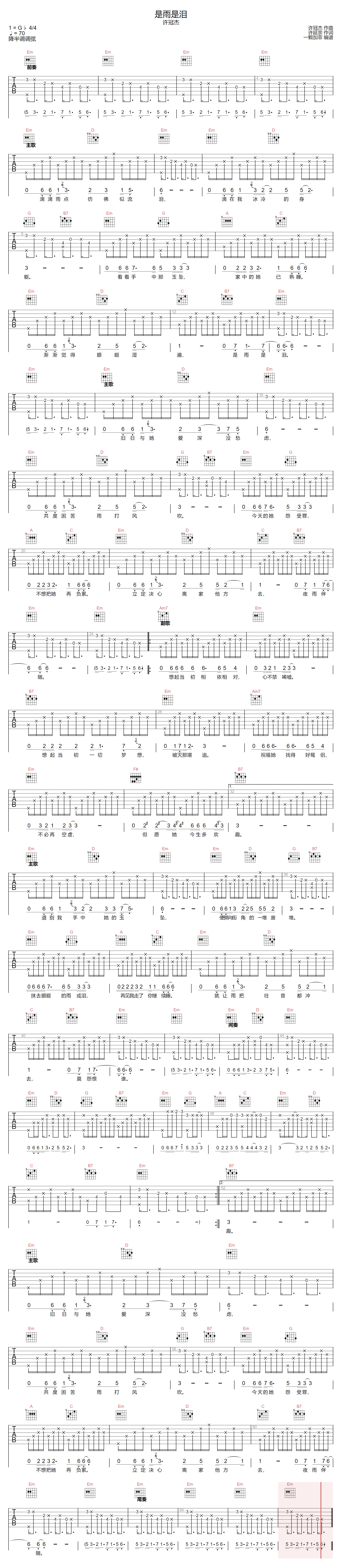 是雨是泪吉他谱预览图