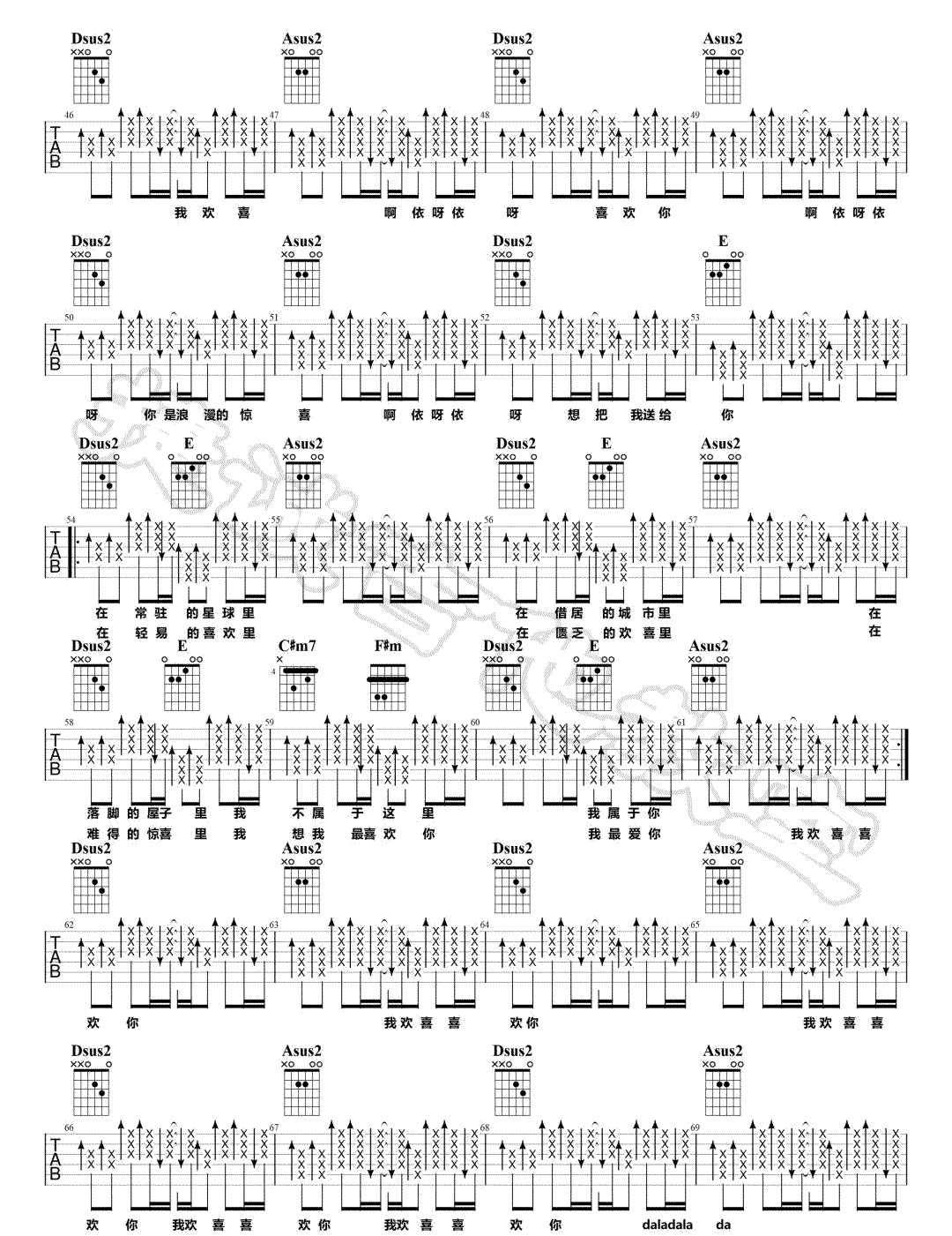 我欢喜喜欢你吉他谱预览图