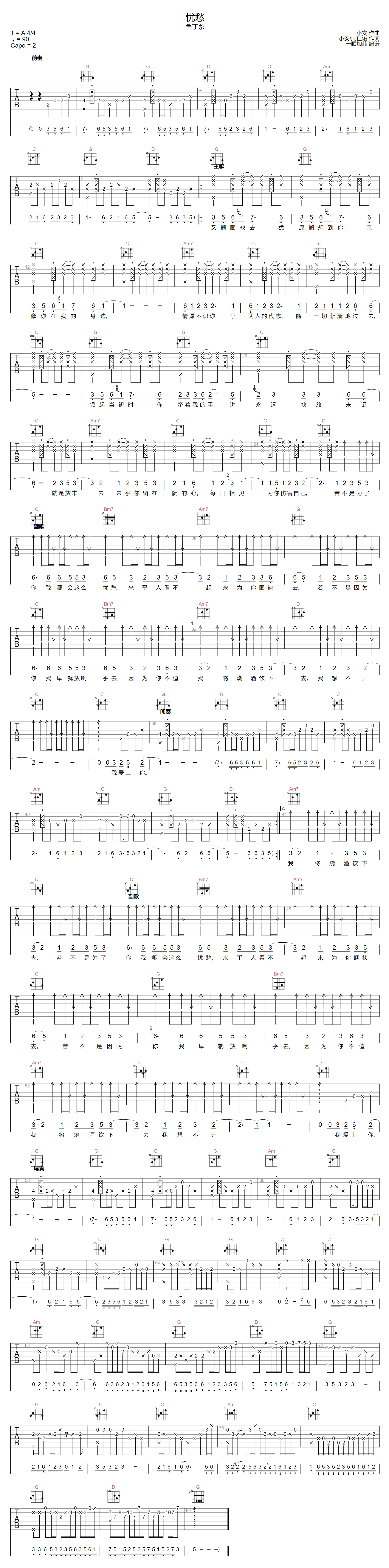 忧愁吉他谱预览图