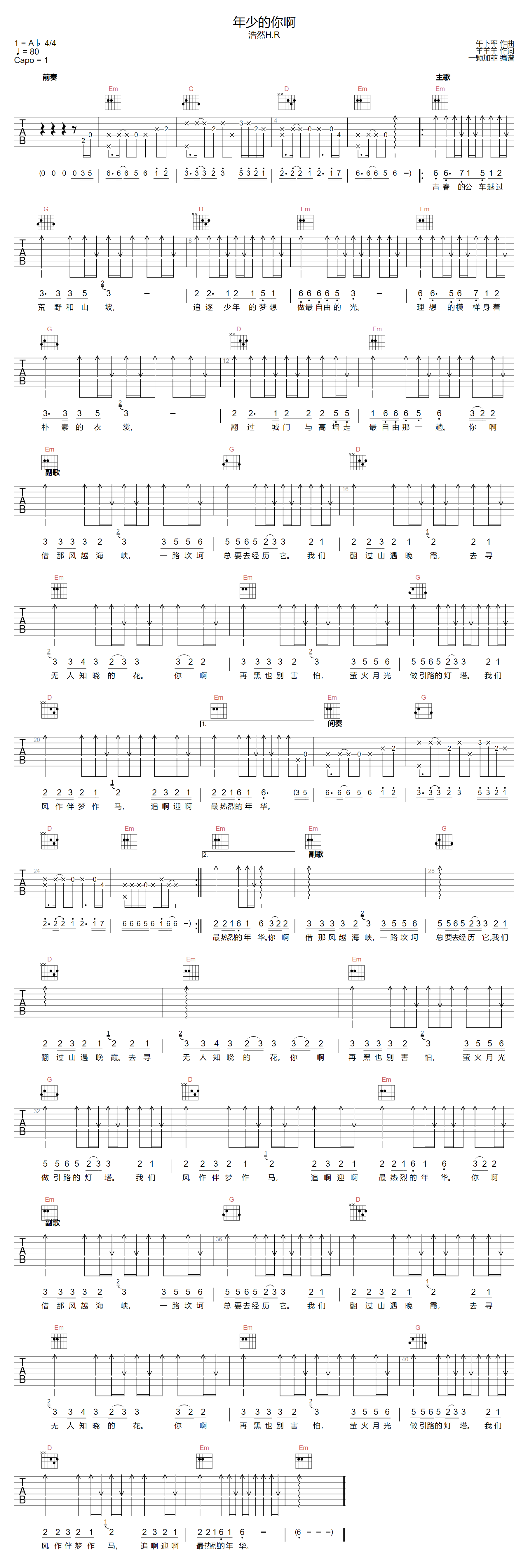年少的你啊吉他谱预览图