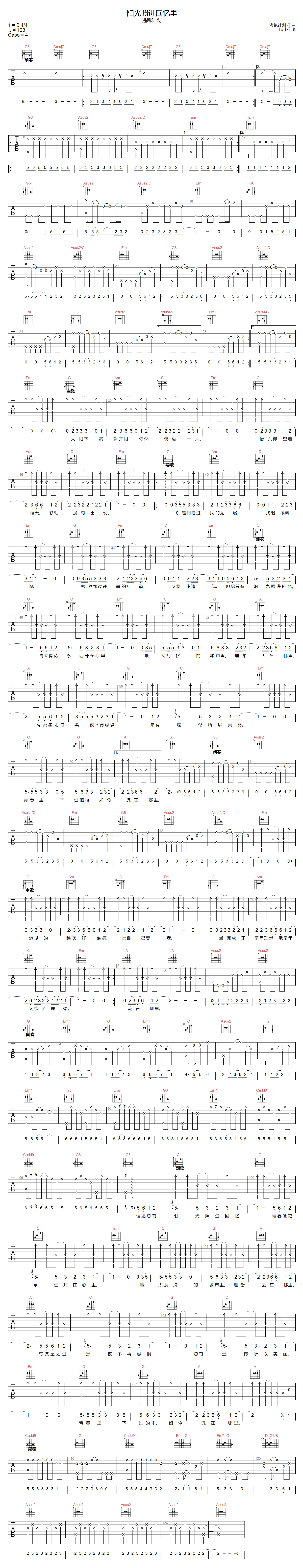 阳光照进回忆里吉他谱预览图