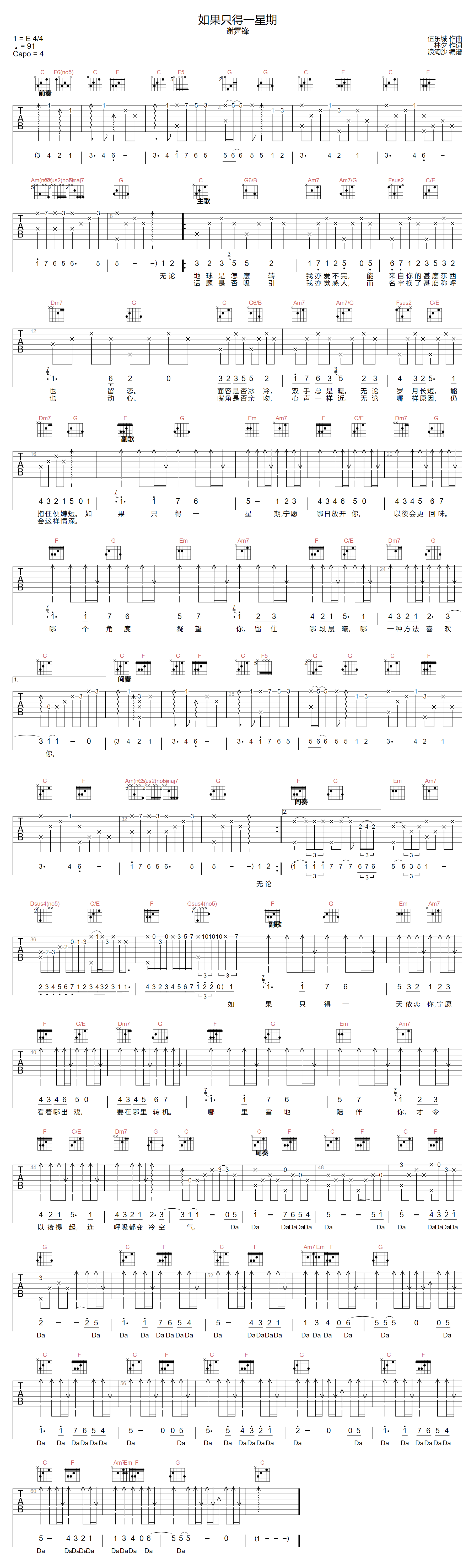 如果只得一星期吉他谱预览图