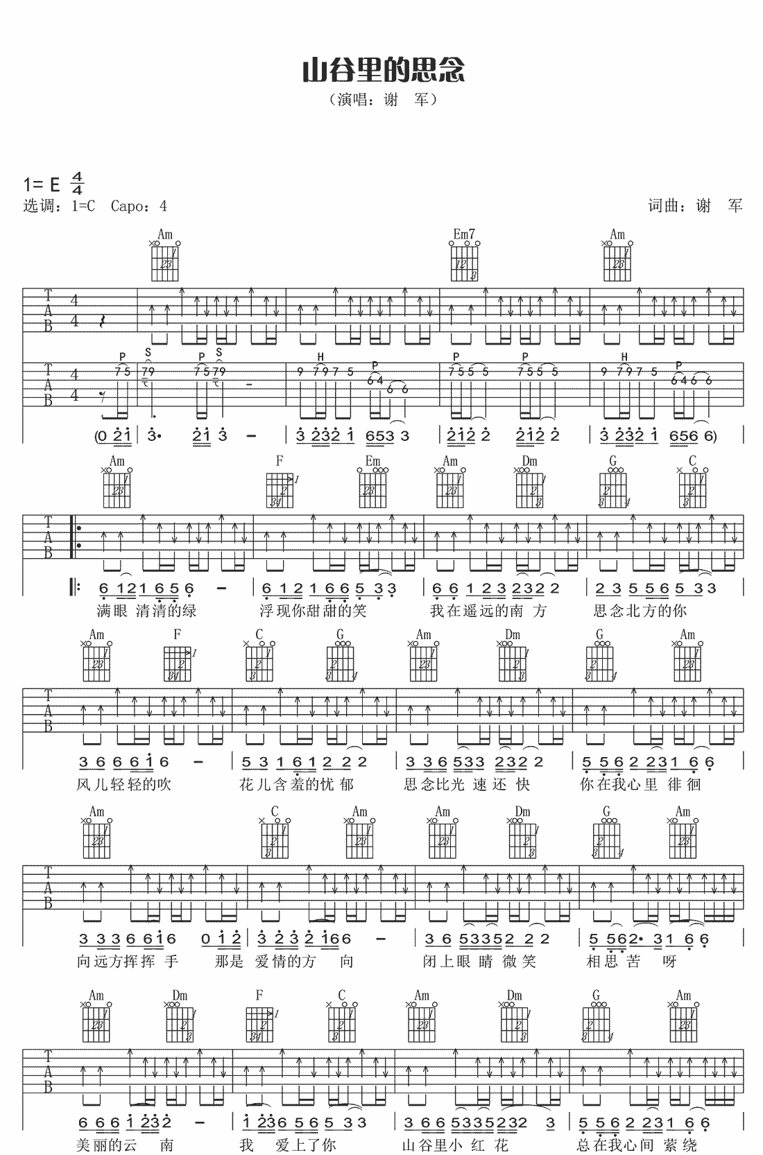 山谷里的思念吉他谱预览图