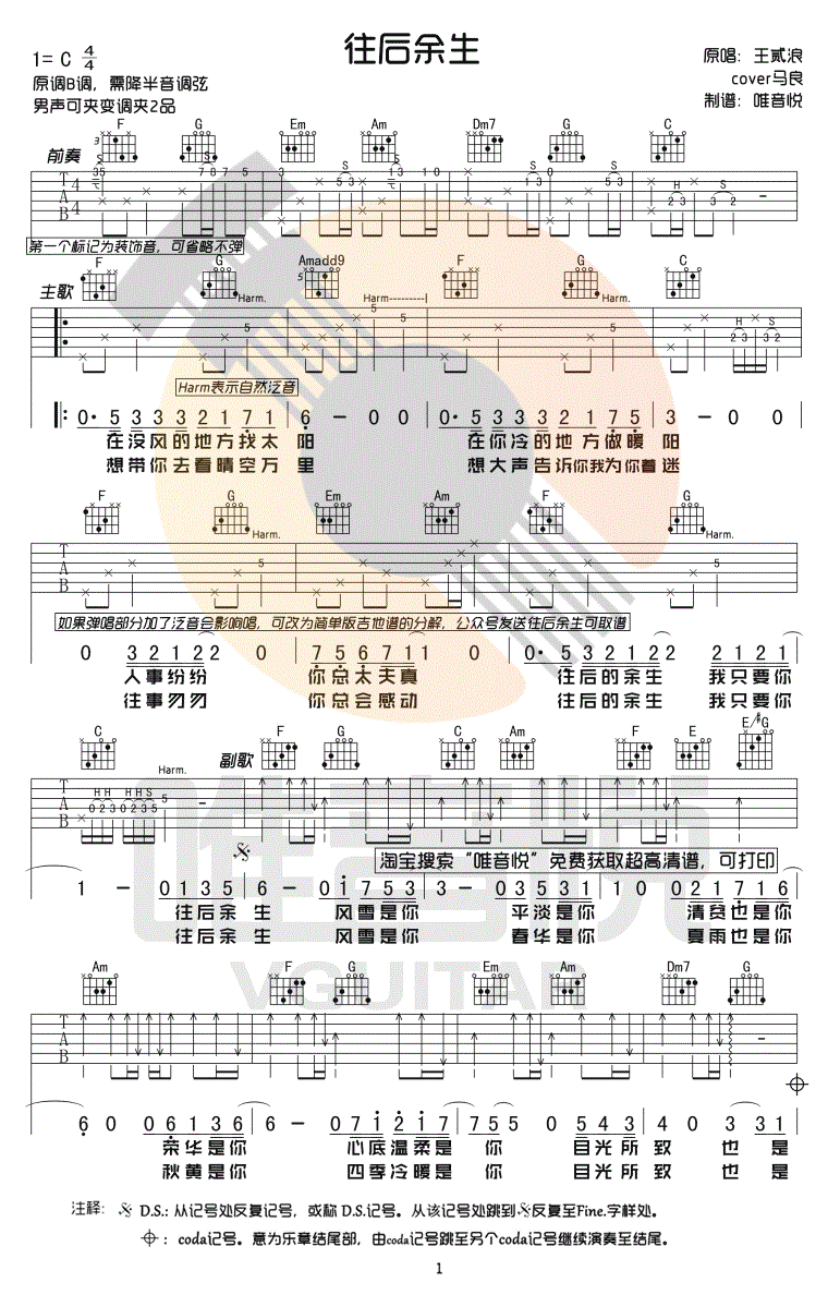 往后余生吉他谱预览图
