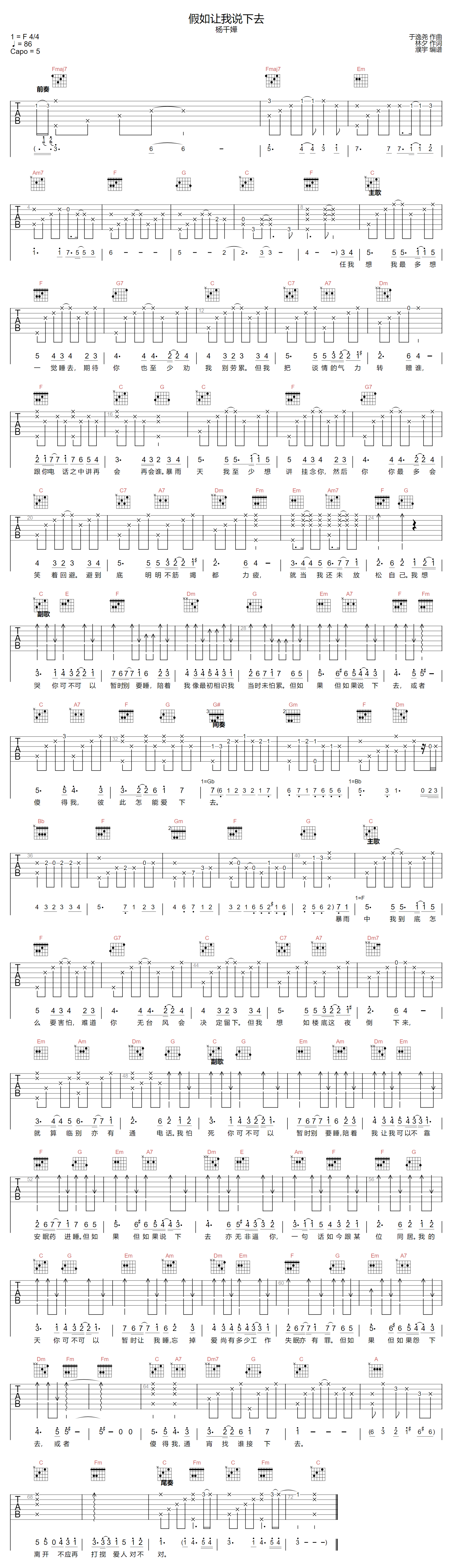 假如让我说下去吉他谱预览图
