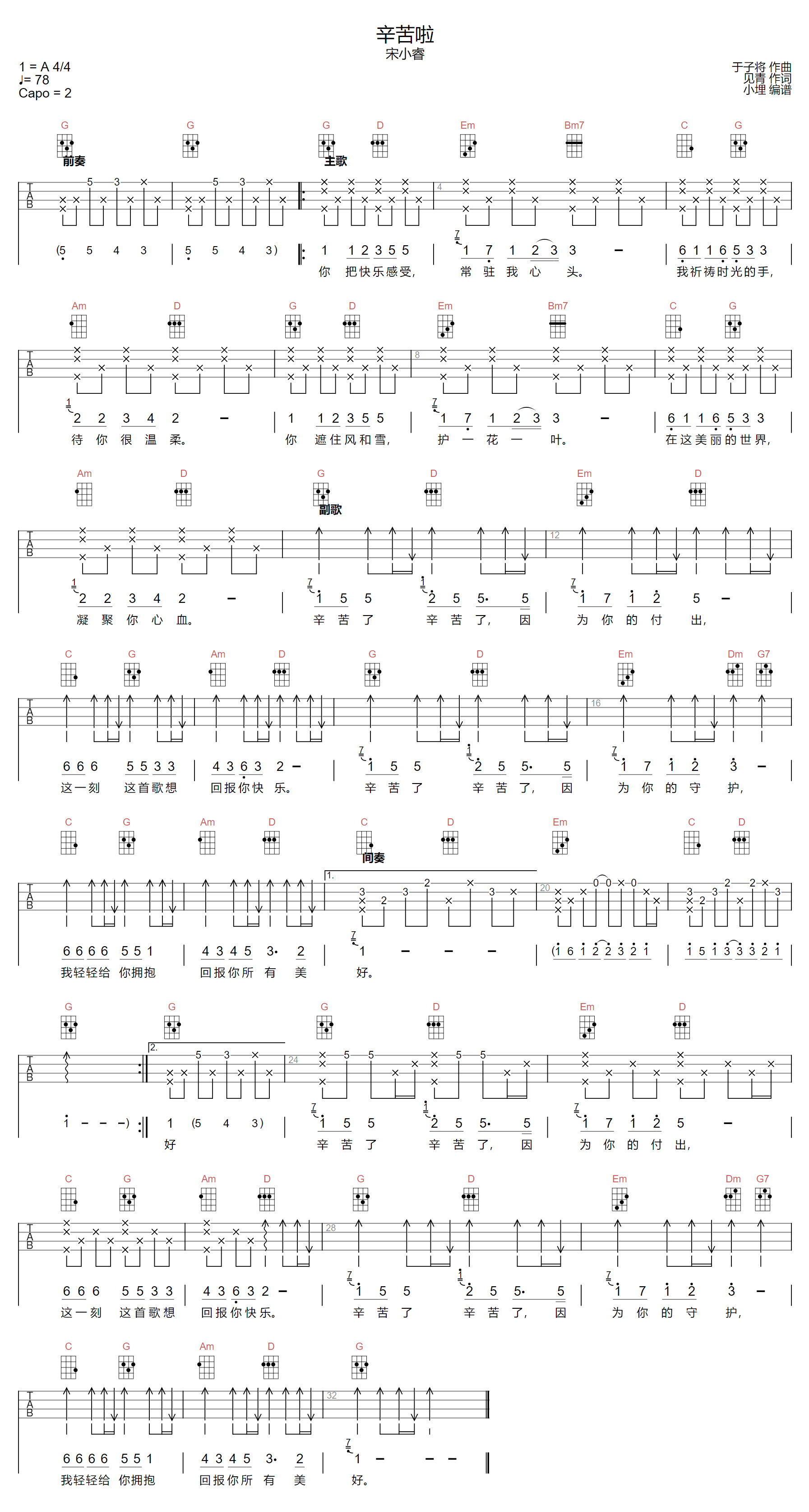 辛苦啦吉他谱预览图