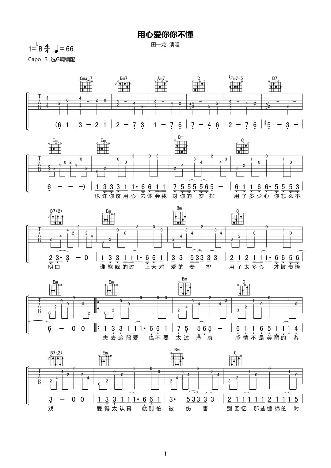 用心爱你你不懂吉他谱预览图