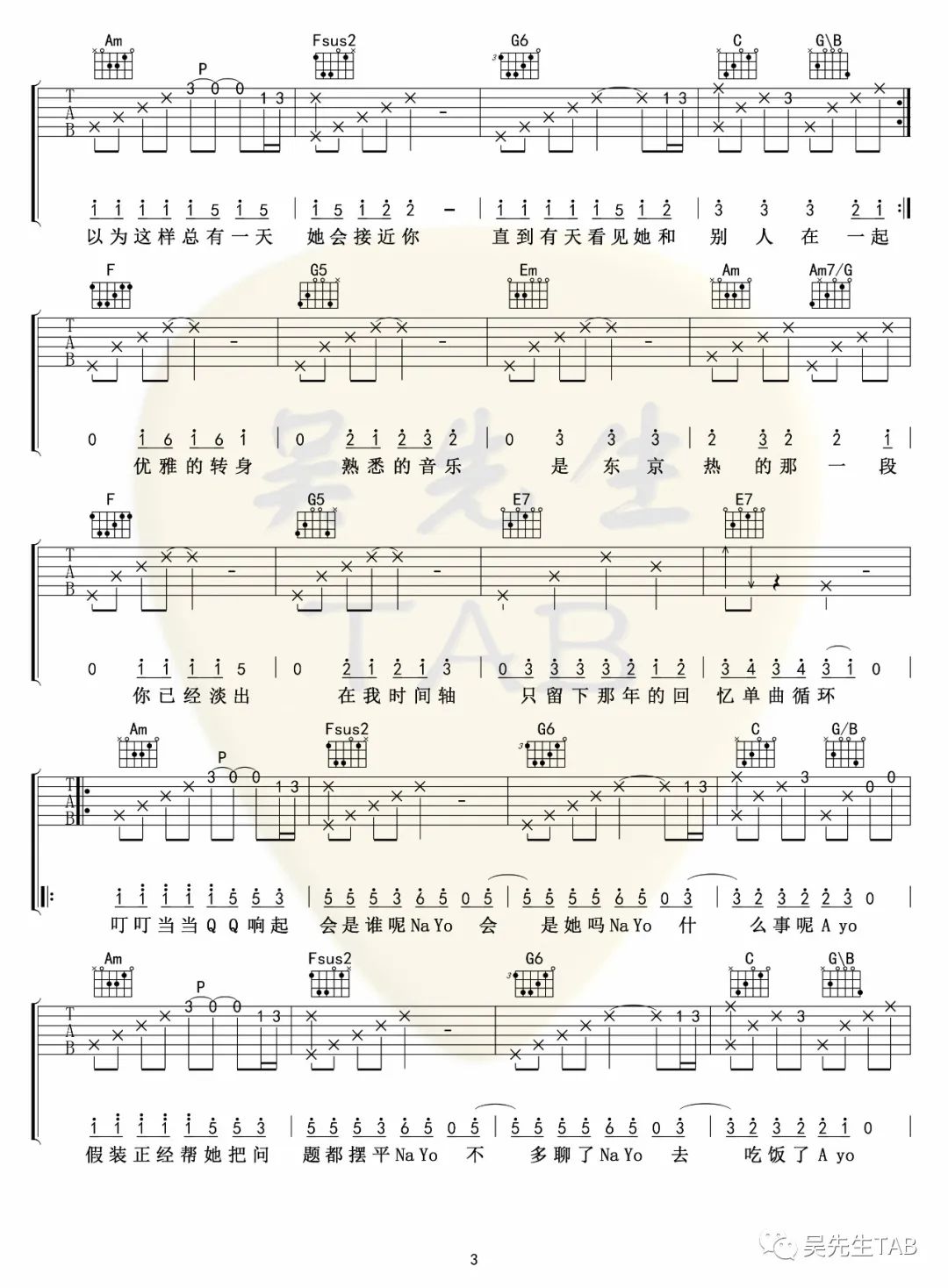东京不太热吉他谱预览图