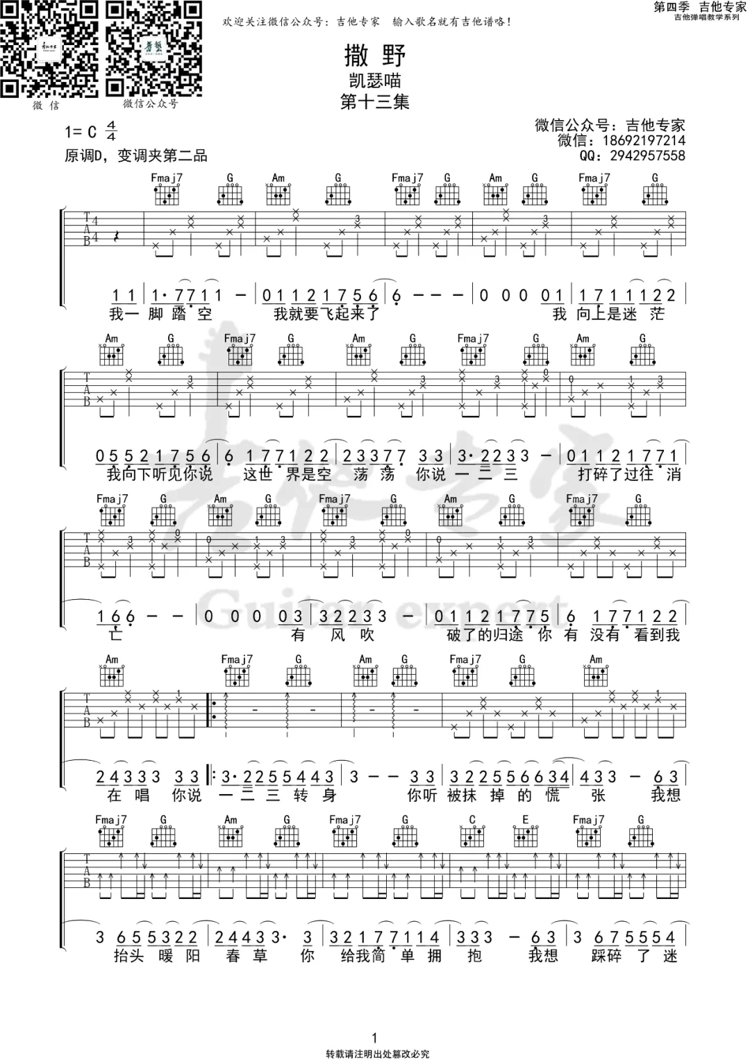 撒野吉他谱预览图