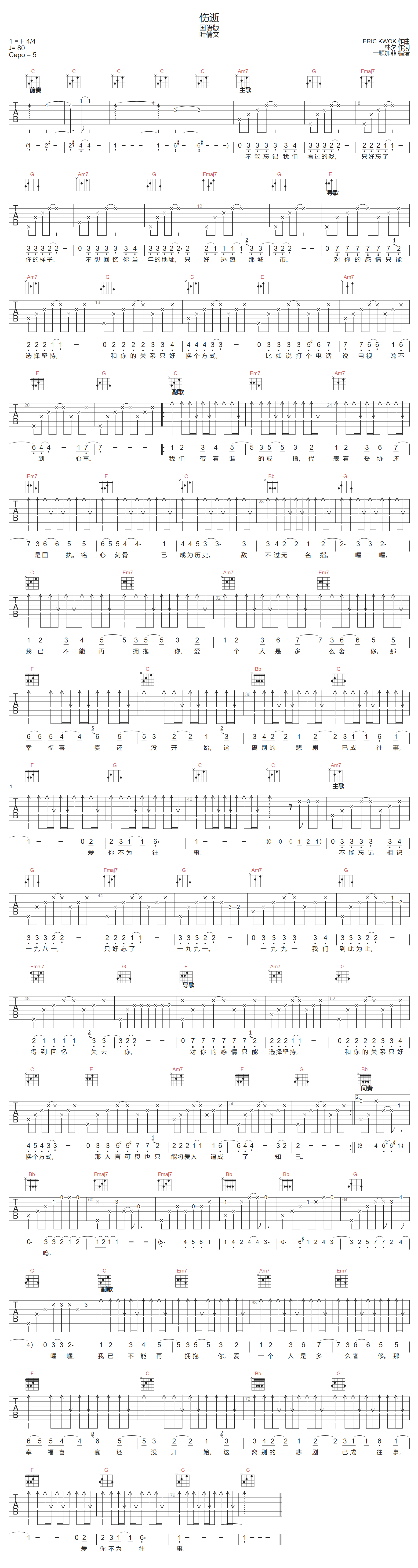 伤逝吉他谱预览图