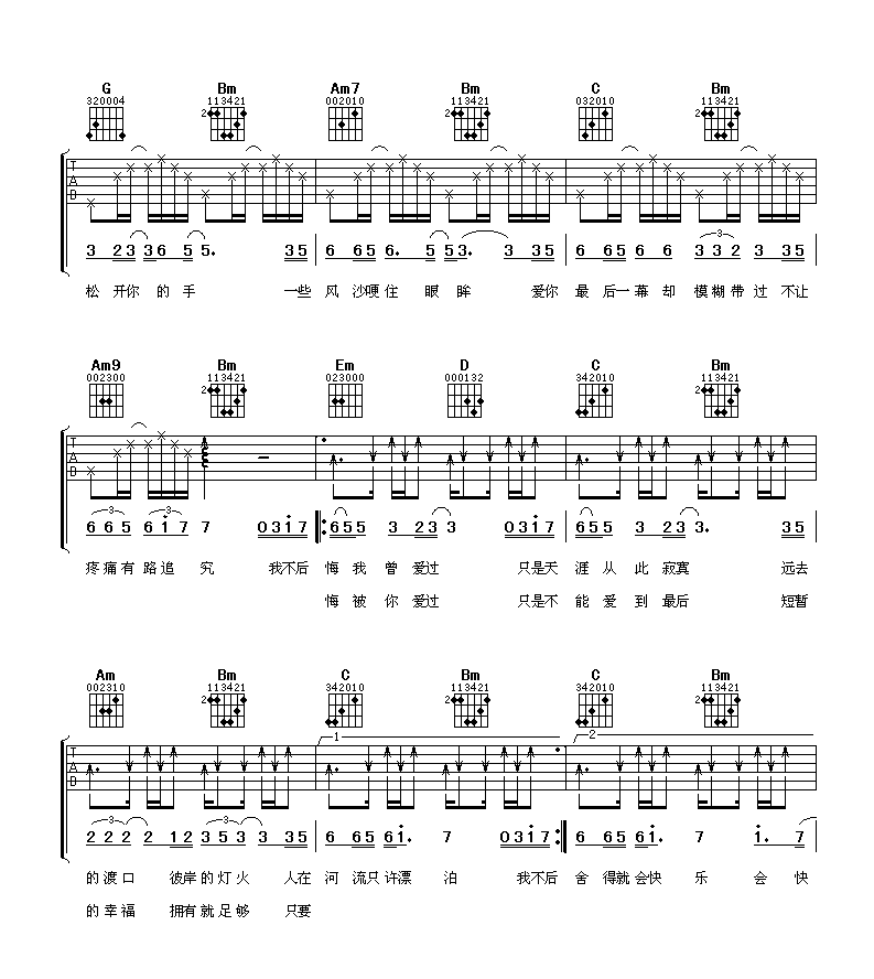 我不后悔吉他谱预览图