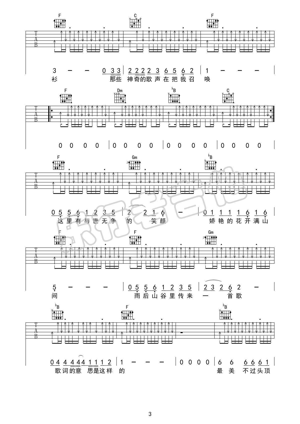 彩虹下面吉他谱预览图