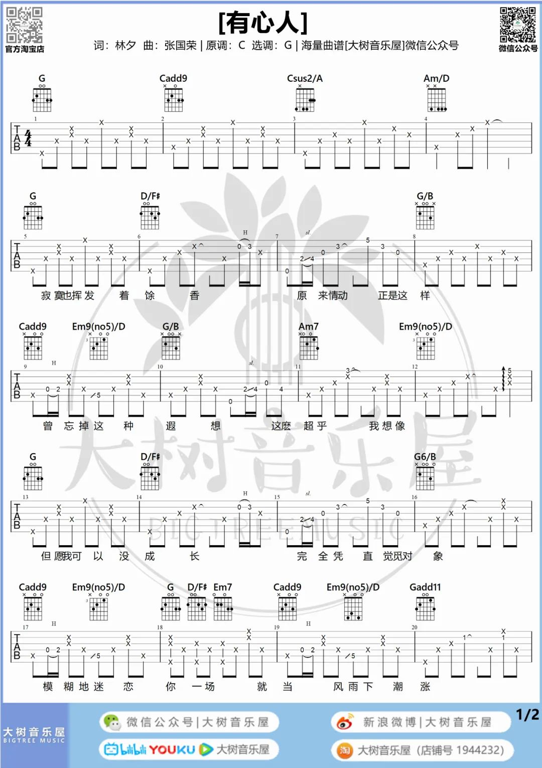 有心人吉他谱预览图