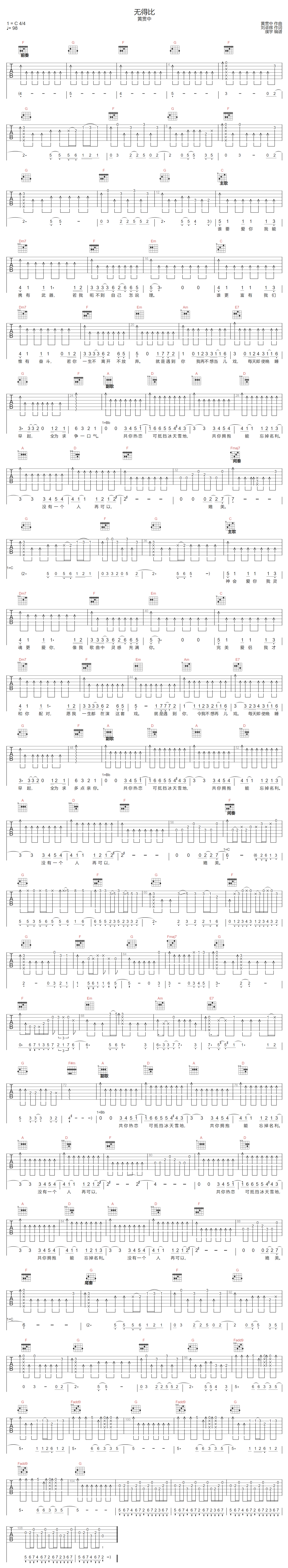 无得比吉他谱预览图