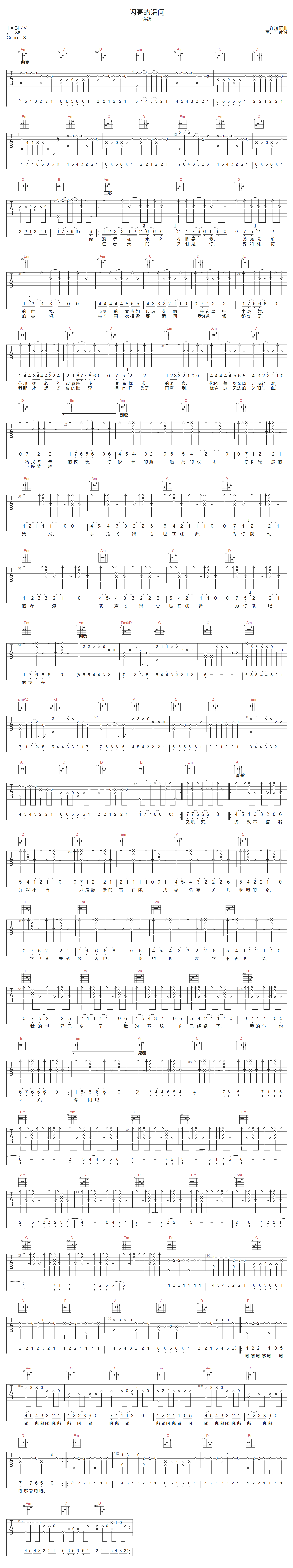 闪亮的瞬间吉他谱预览图