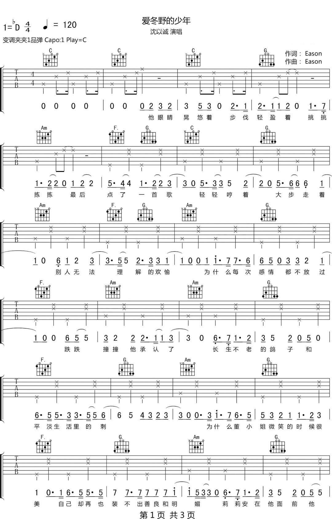 爱冬野的少年吉他谱预览图