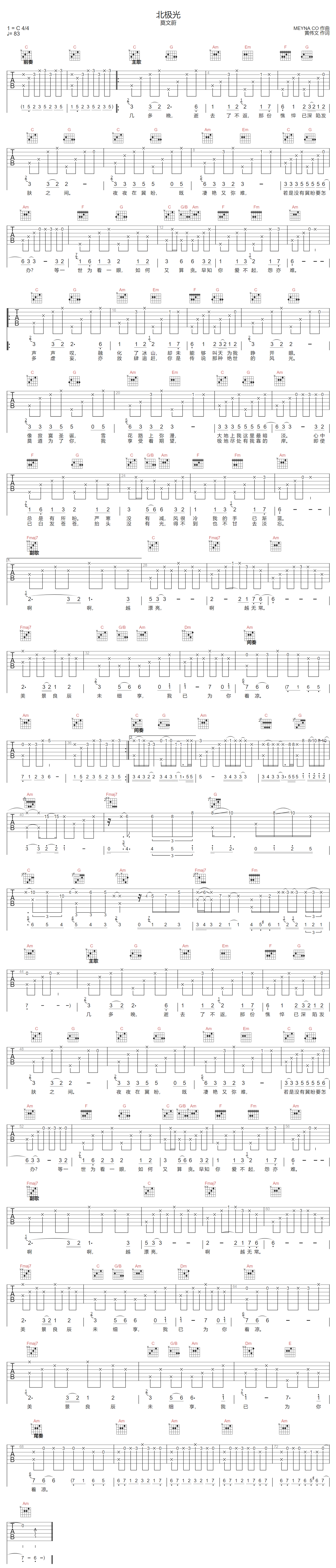 北极光吉他谱预览图