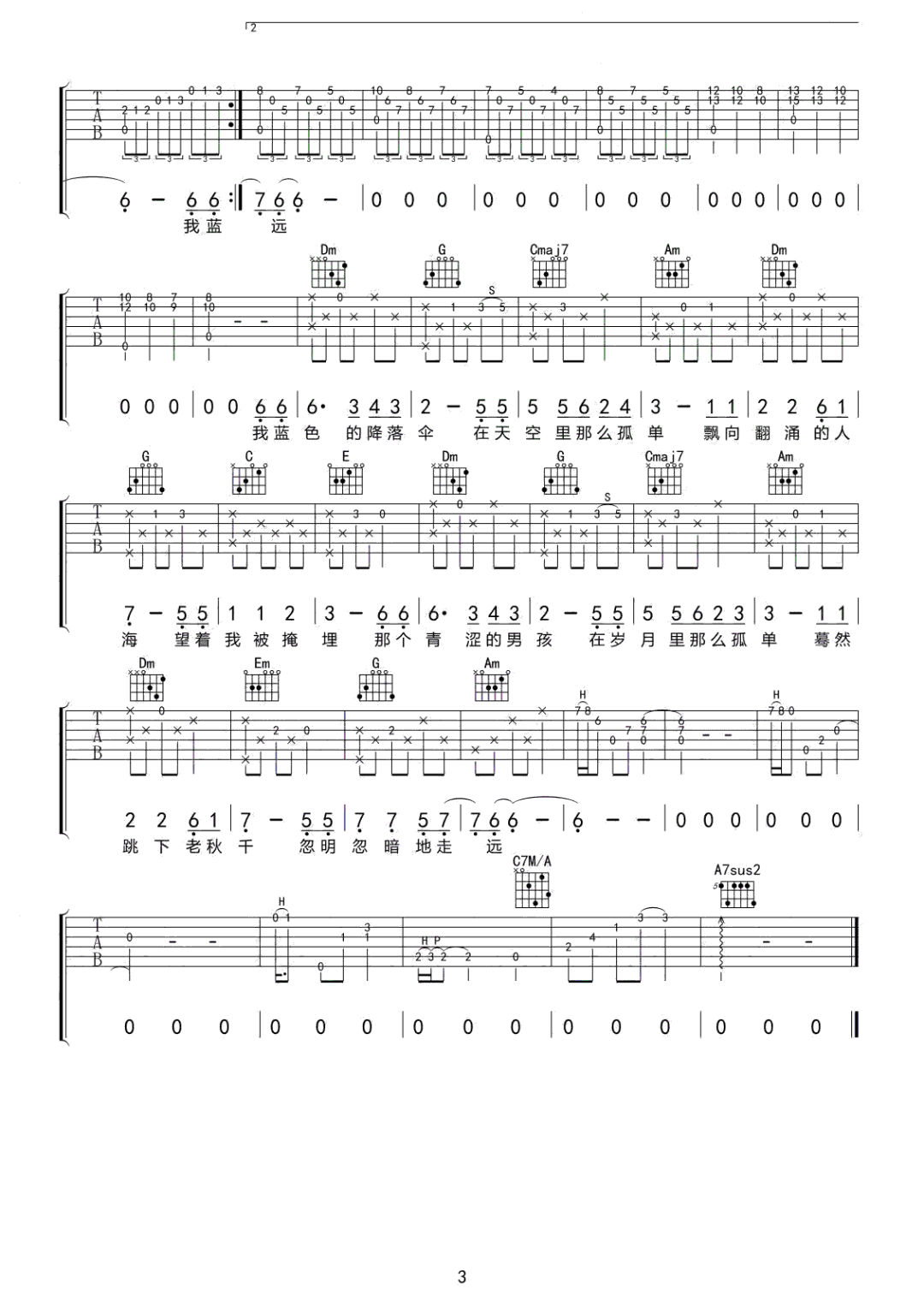 蓝色降落伞吉他谱预览图