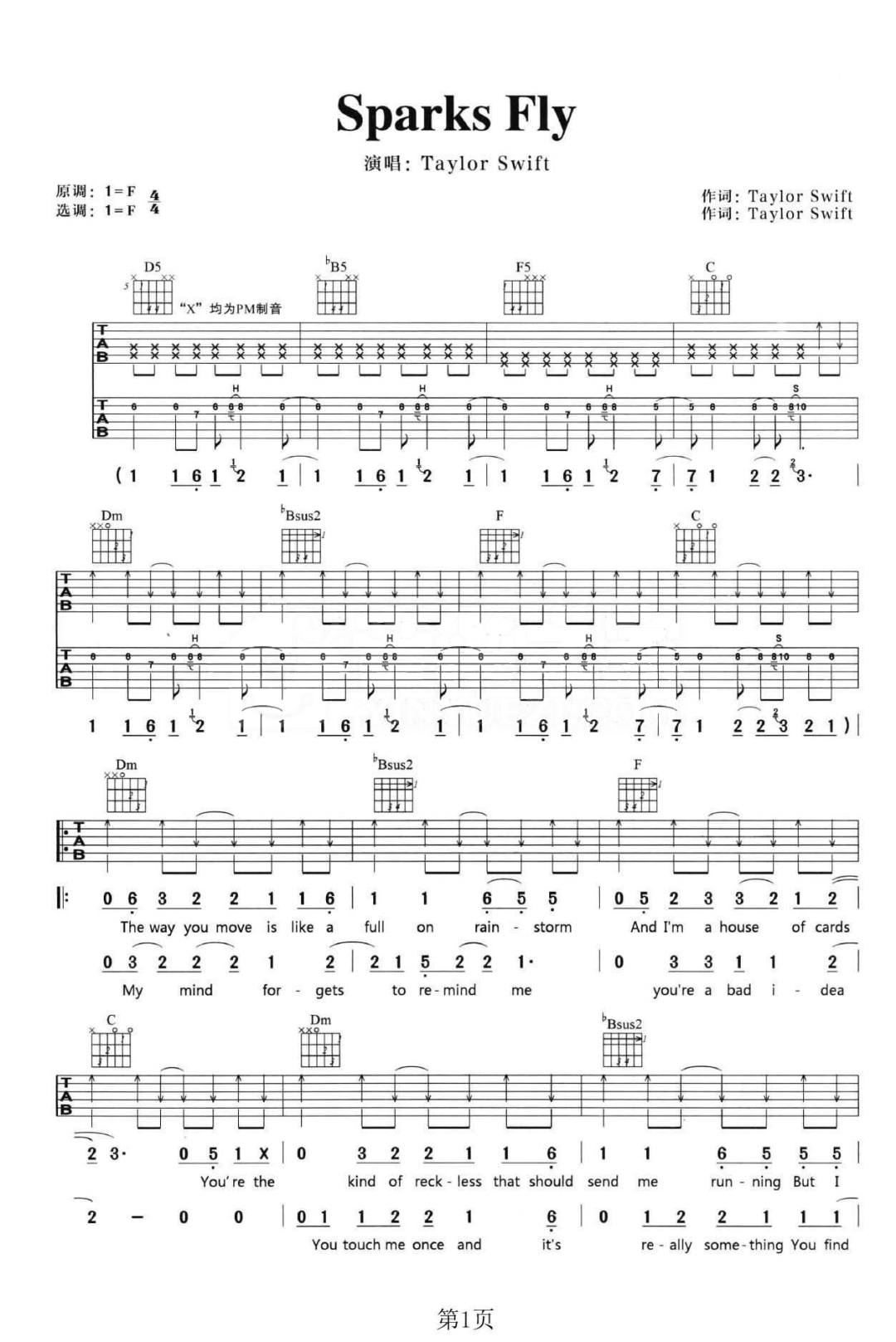 Sparks-Fly吉他谱预览图