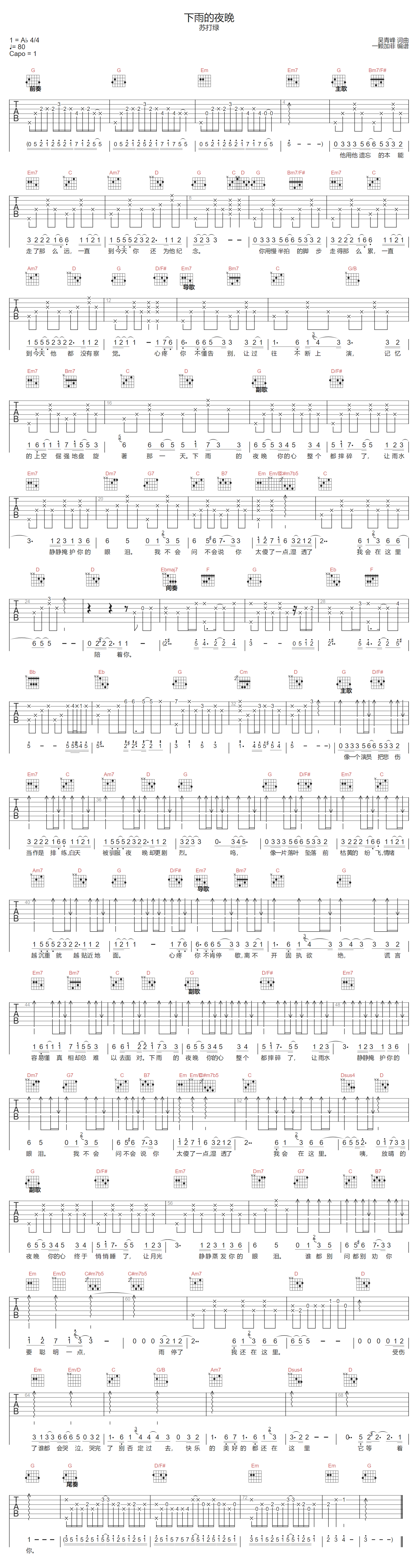 下雨的夜晚吉他谱预览图