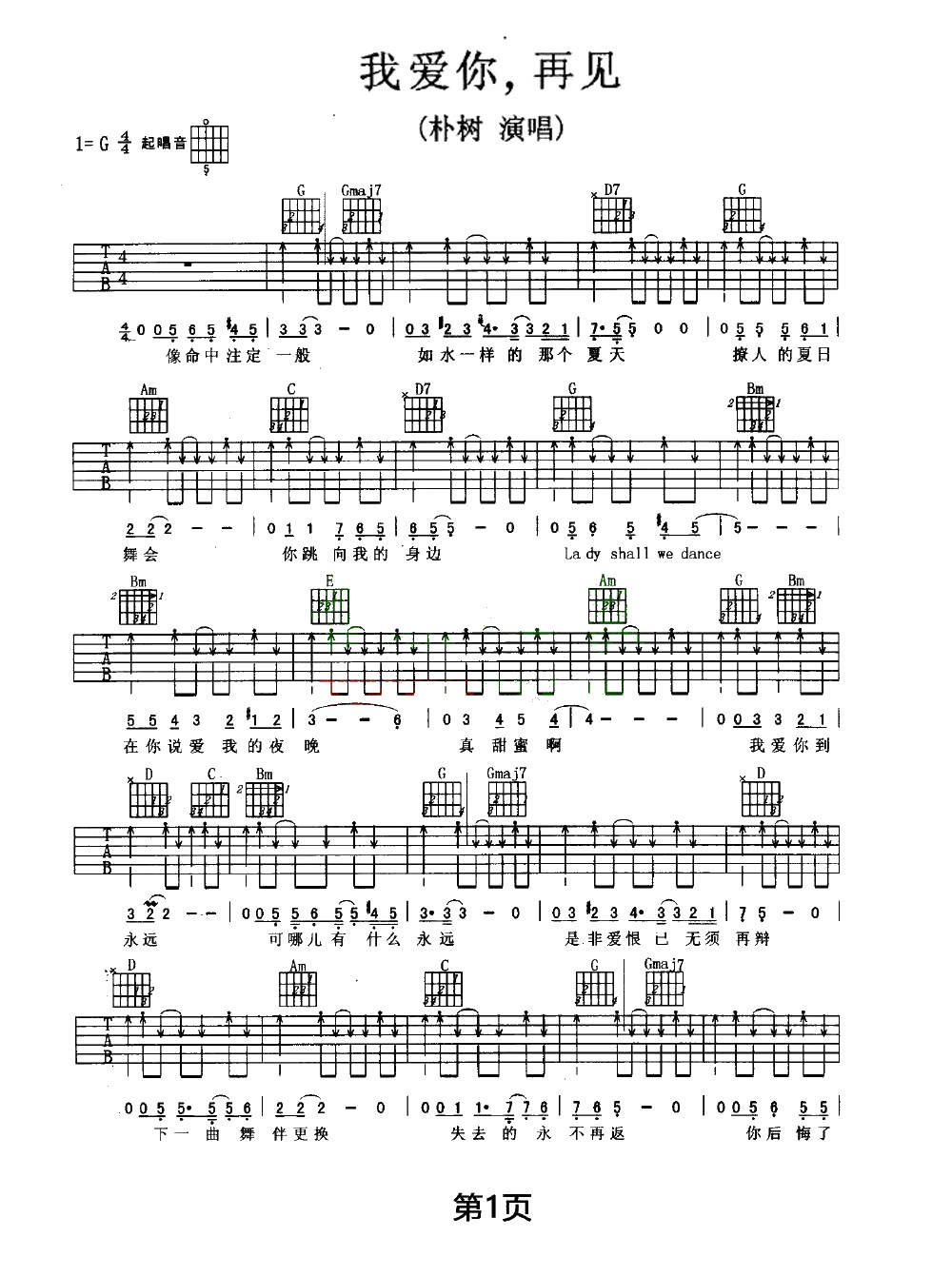 我爱你再见吉他谱预览图